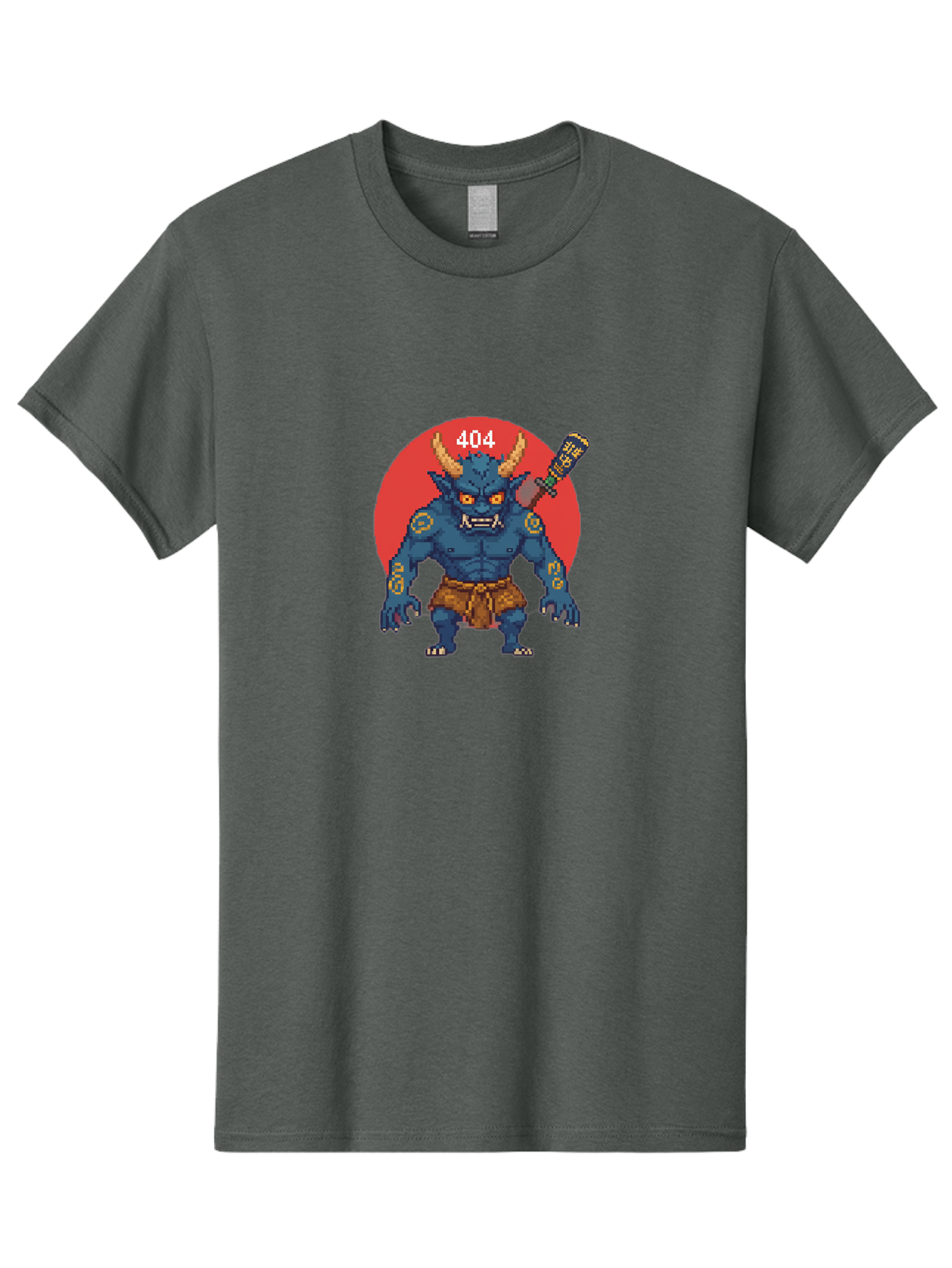 Oni-404 Men'S Graphic Tee, 100% Cotton, Comfortable Casual Summer Wear, Machine Washable, Blue Oni, Pixel Art Illustration, 8-Bit Style, Error 404, Red Circle Background, Gaming Aesthetic, Japanese Folklore, Cartoon Character, Bab051 17