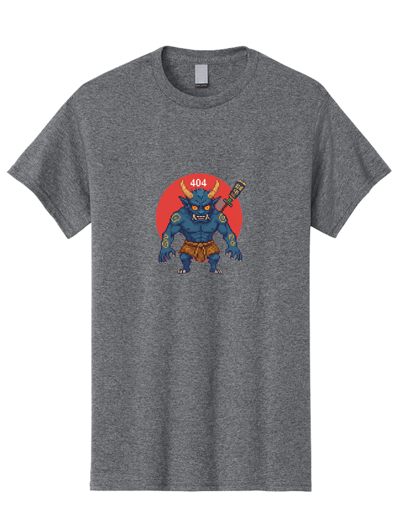 Oni-404 Men'S Graphic Tee, 100% Cotton, Comfortable Casual Summer Wear, Machine Washable, Blue Oni, Pixel Art Illustration, 8-Bit Style, Error 404, Red Circle Background, Gaming Aesthetic, Japanese Folklore, Cartoon Character, Bab051 19