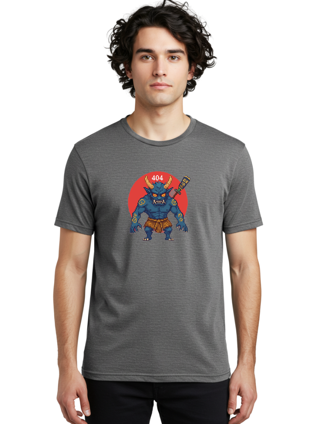 Oni-404 Men'S Graphic Tee, 100% Cotton, Comfortable Casual Summer Wear, Machine Washable, Blue Oni, Pixel Art Illustration, 8-Bit Style, Error 404, Red Circle Background, Gaming Aesthetic, Japanese Folklore, Cartoon Character, Bab051 20