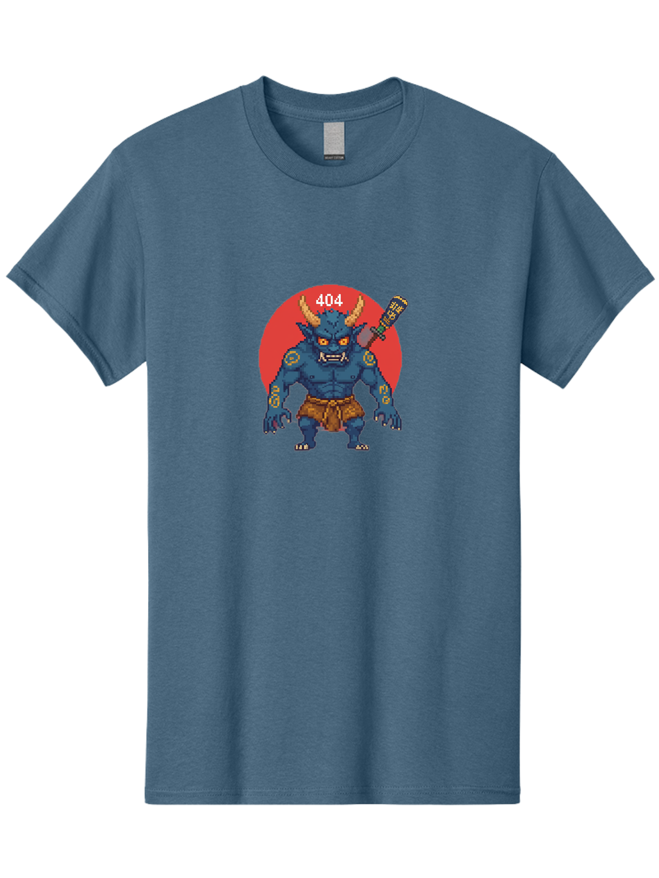 Oni-404 Men'S Graphic Tee, 100% Cotton, Comfortable Casual Summer Wear, Machine Washable, Blue Oni, Pixel Art Illustration, 8-Bit Style, Error 404, Red Circle Background, Gaming Aesthetic, Japanese Folklore, Cartoon Character, Bab051 23