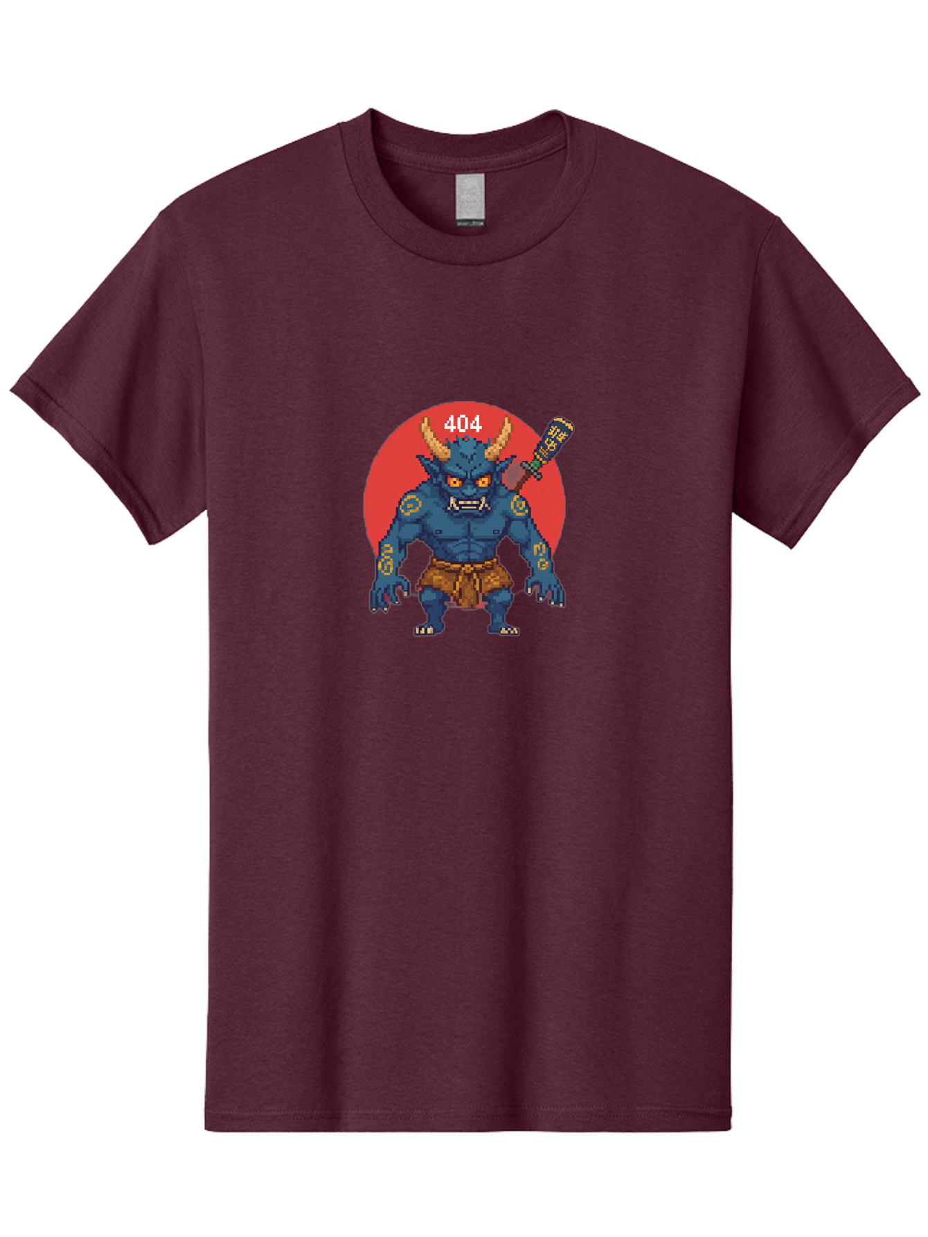 Oni-404 Men'S Graphic Tee, 100% Cotton, Comfortable Casual Summer Wear, Machine Washable, Blue Oni, Pixel Art Illustration, 8-Bit Style, Error 404, Red Circle Background, Gaming Aesthetic, Japanese Folklore, Cartoon Character, Bab051 27