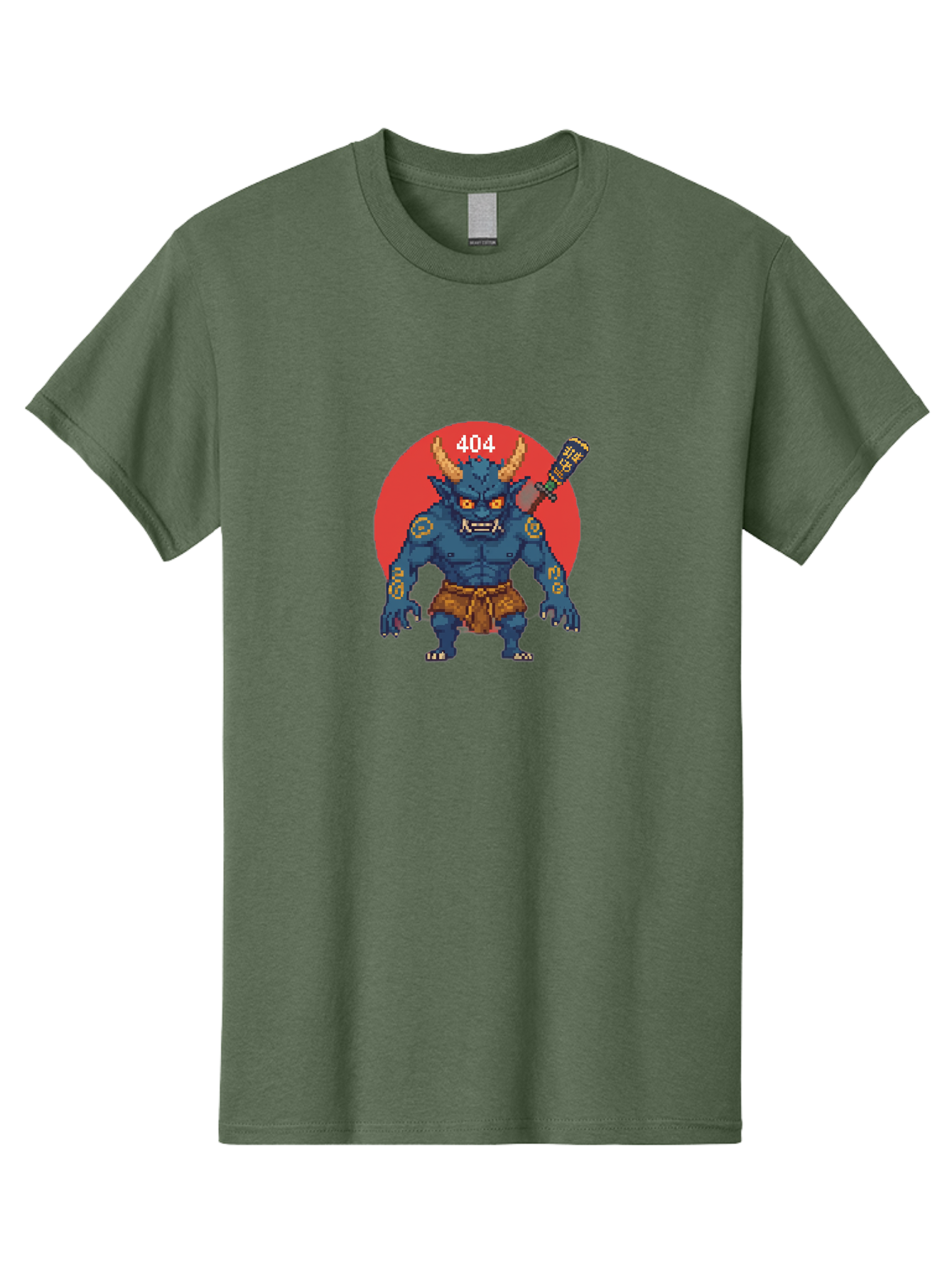 Oni-404 Men'S Graphic Tee, 100% Cotton, Comfortable Casual Summer Wear, Machine Washable, Blue Oni, Pixel Art Illustration, 8-Bit Style, Error 404, Red Circle Background, Gaming Aesthetic, Japanese Folklore, Cartoon Character, Bab051 15