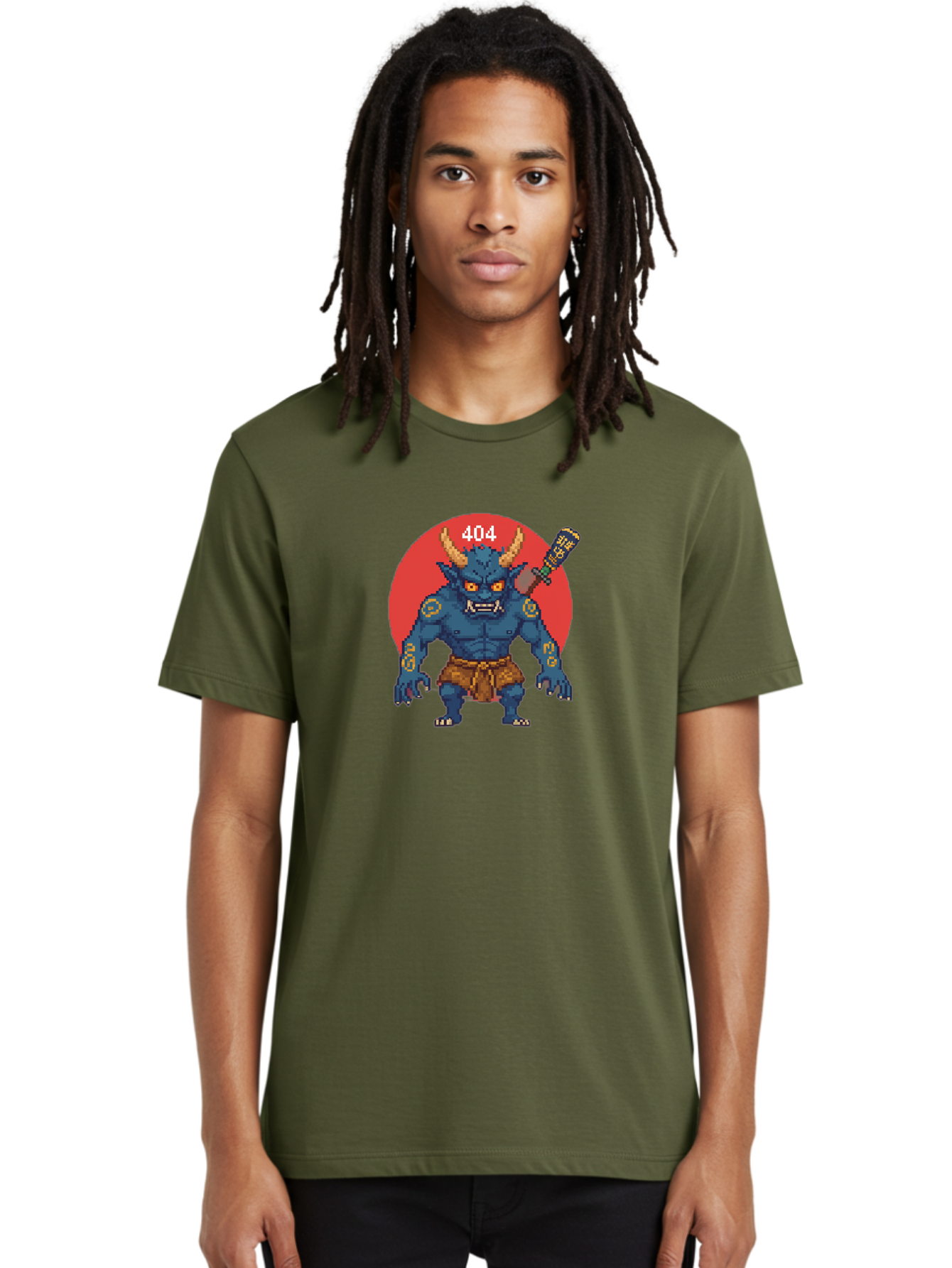 Oni-404 Men'S Graphic Tee, 100% Cotton, Comfortable Casual Summer Wear, Machine Washable, Blue Oni, Pixel Art Illustration, 8-Bit Style, Error 404, Red Circle Background, Gaming Aesthetic, Japanese Folklore, Cartoon Character, Bab051 16