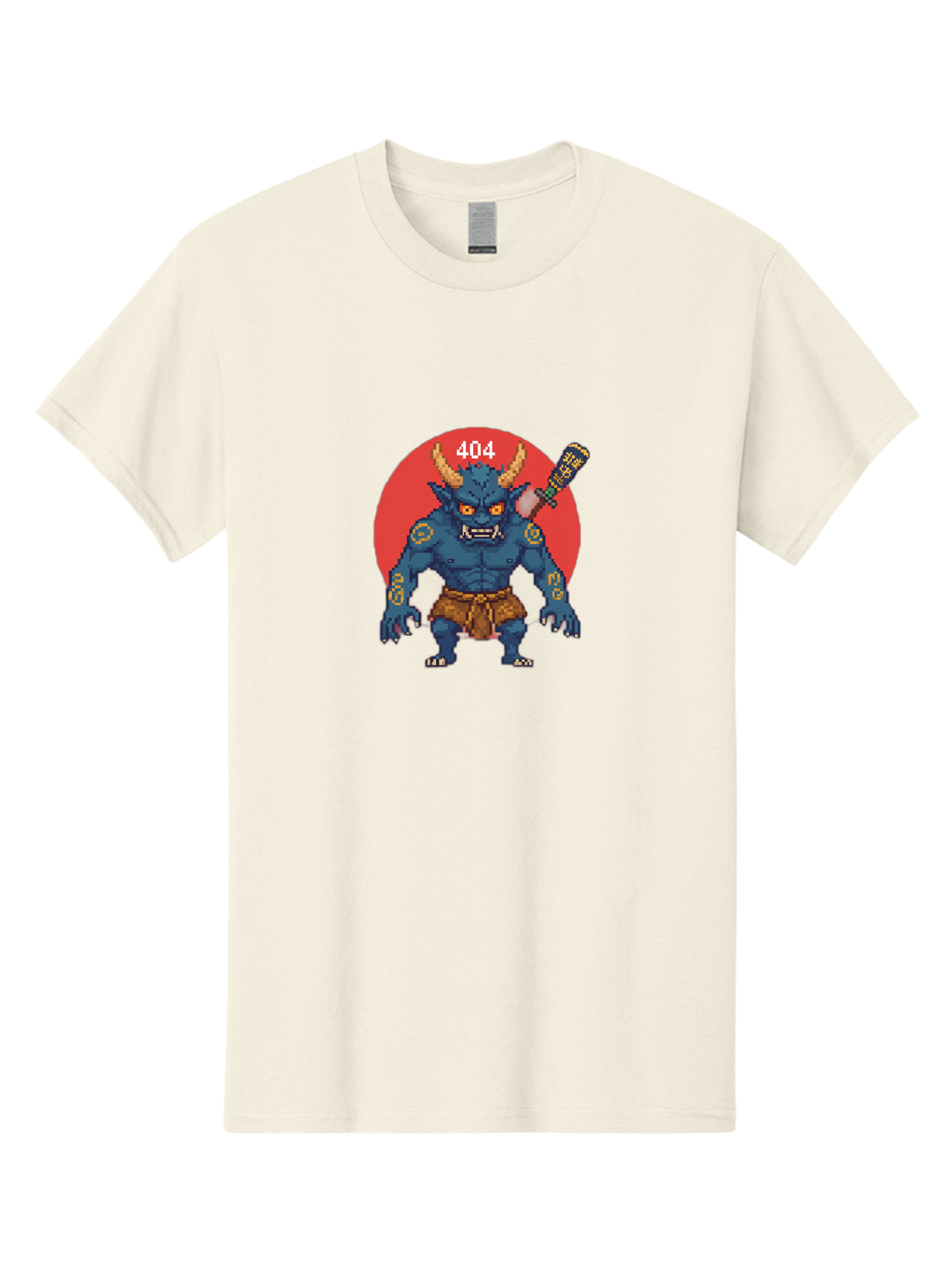 Oni-404 Men'S Graphic Tee, 100% Cotton, Comfortable Casual Summer Wear, Machine Washable, Blue Oni, Pixel Art Illustration, 8-Bit Style, Error 404, Red Circle Background, Gaming Aesthetic, Japanese Folklore, Cartoon Character, Bab051 11