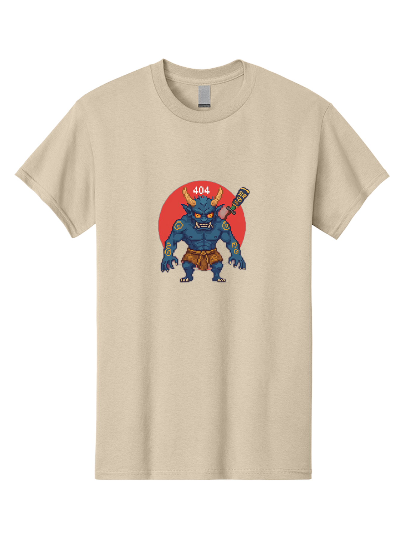 Oni-404 Men'S Graphic Tee, 100% Cotton, Comfortable Casual Summer Wear, Machine Washable, Blue Oni, Pixel Art Illustration, 8-Bit Style, Error 404, Red Circle Background, Gaming Aesthetic, Japanese Folklore, Cartoon Character, Bab051 3