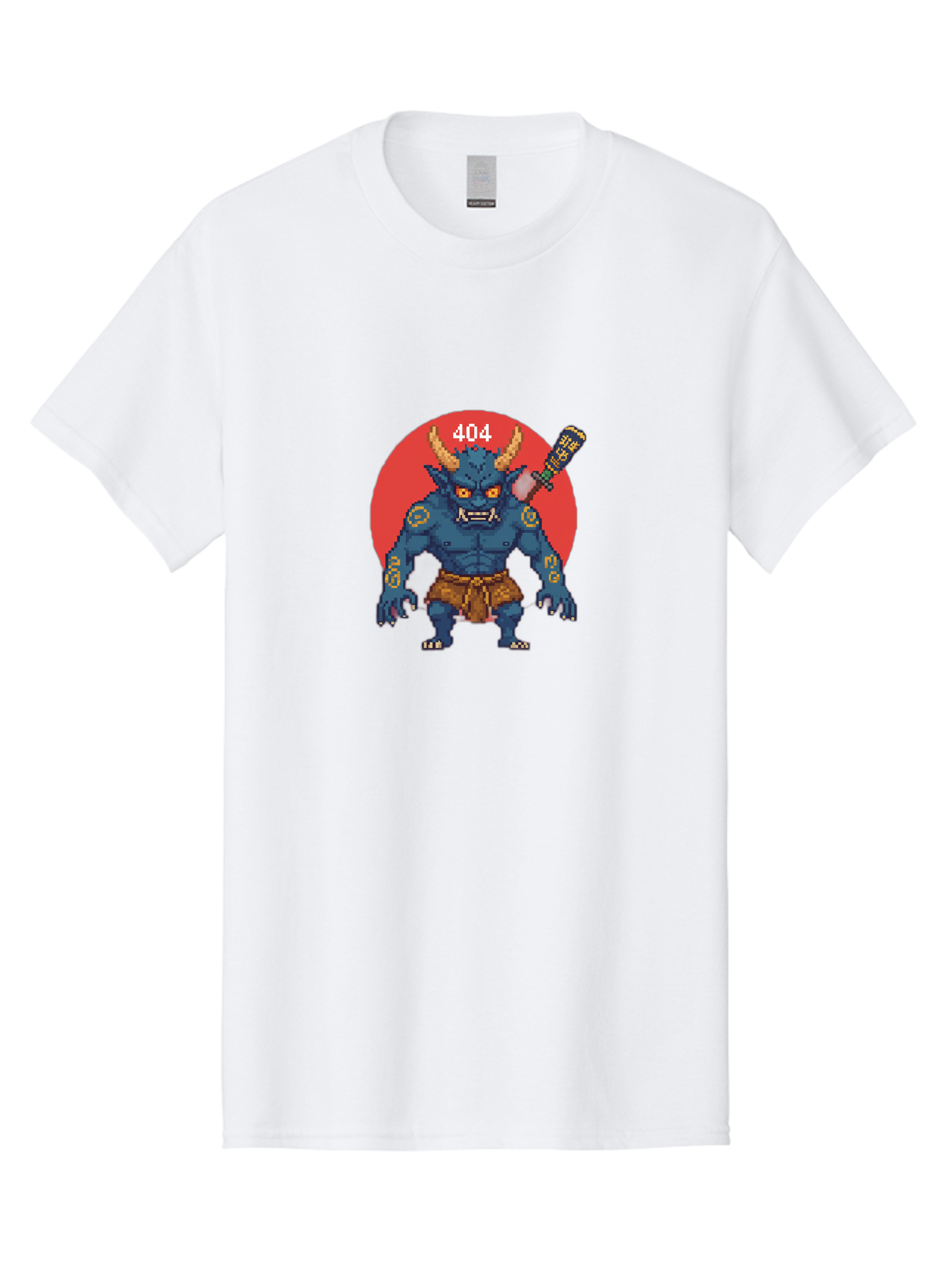 Oni-404 Men'S Graphic Tee, 100% Cotton, Comfortable Casual Summer Wear, Machine Washable, Blue Oni, Pixel Art Illustration, 8-Bit Style, Error 404, Red Circle Background, Gaming Aesthetic, Japanese Folklore, Cartoon Character, Bab051 29