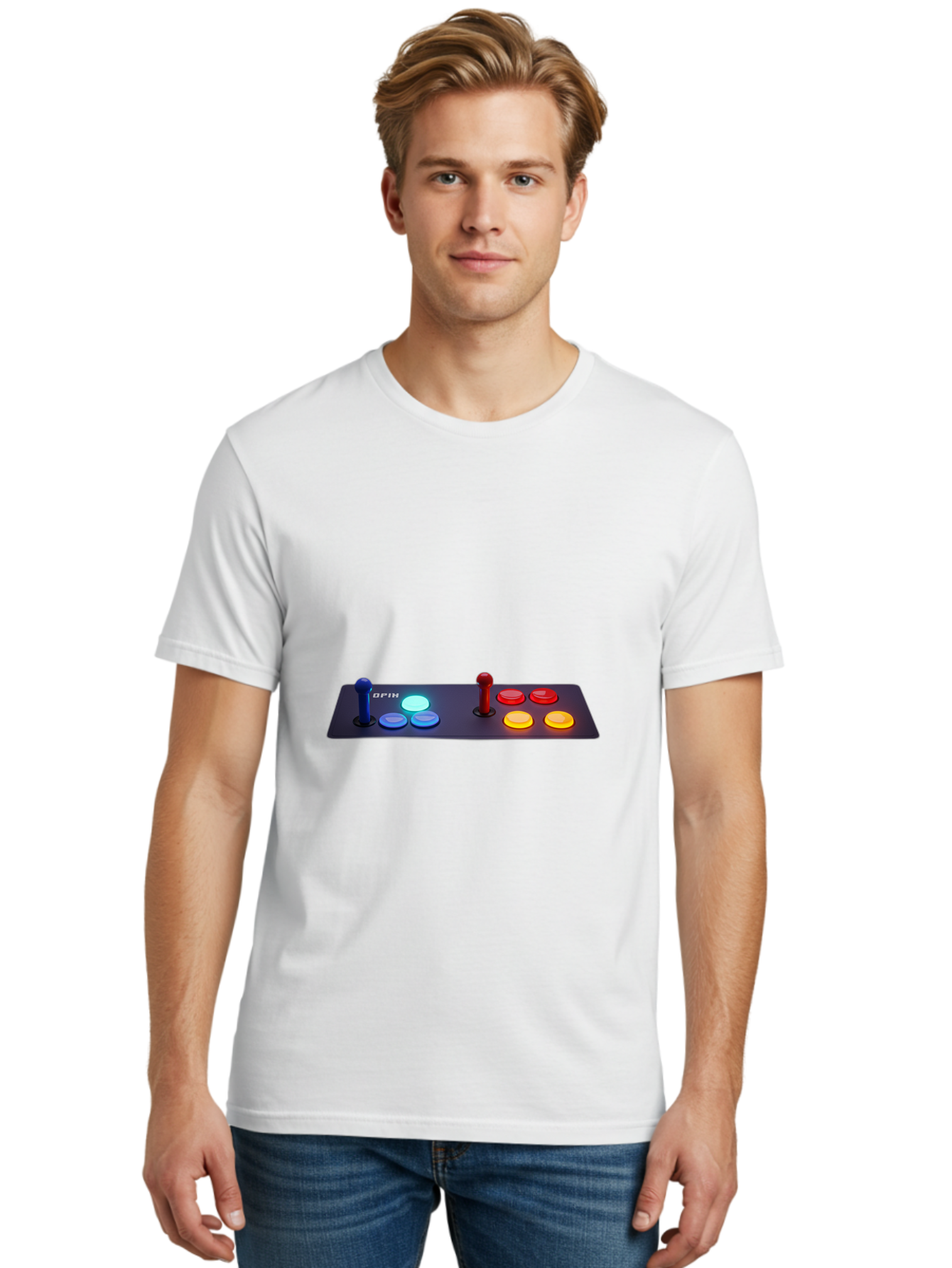 Opix-Joystick Men'S Graphic Tee, 100% Cotton, Comfortable Casual Summer Wear, Machine Washable, Arcade Controller, Gaming Console, Joystick, Colorful Buttons, Retro Gaming, Gamepad, Opix Brand, Gaming Accessories, Controller Layout, Bab054 24