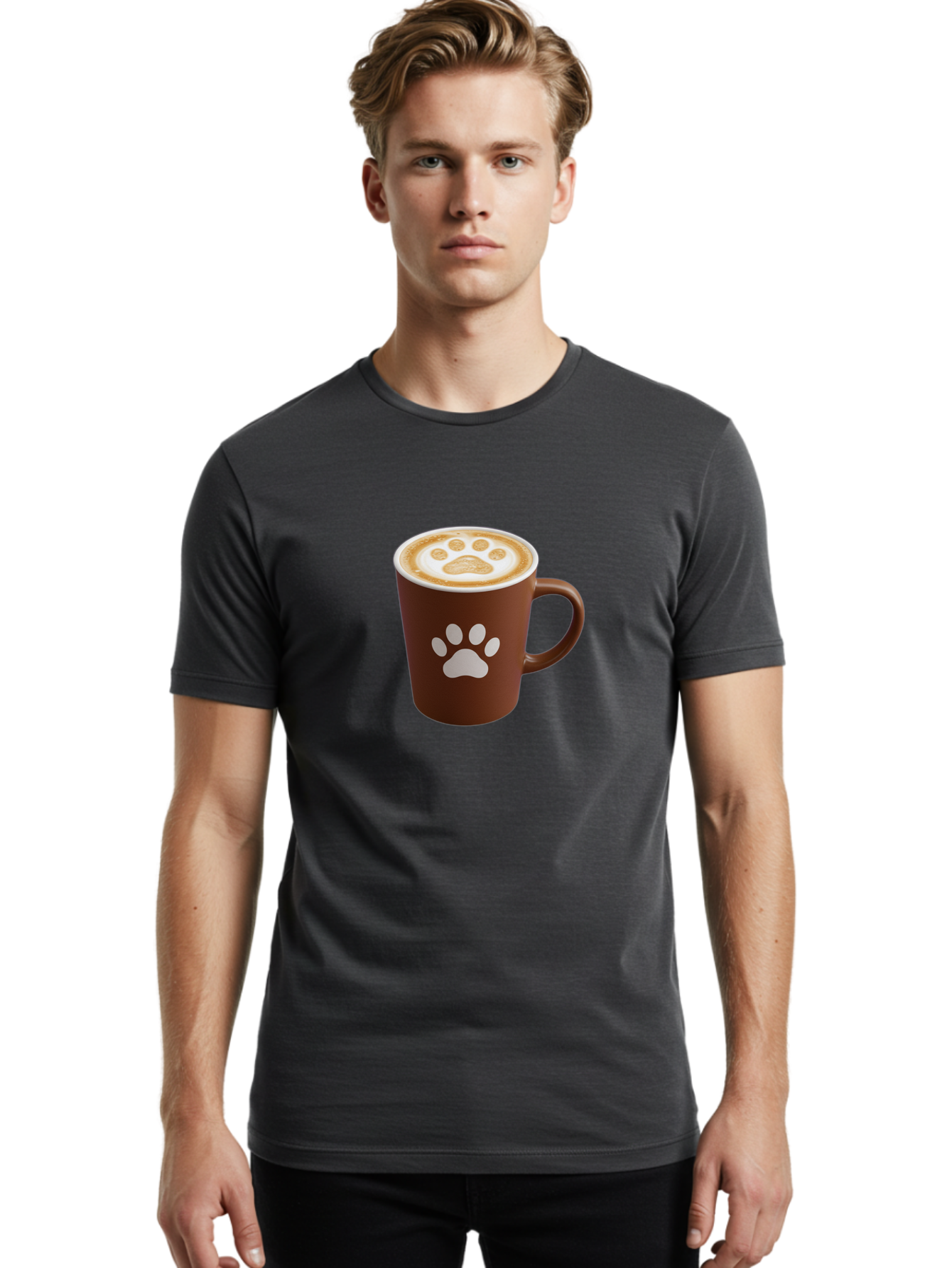 Paw-Print-Coffee-Cup Men'S Graphic Tee, 100% Cotton, Comfortable Casual Summer Wear, Machine Washable, Coffee Cup, Paw Print Design, Latte Art, Cappuccino, Pet Friendly Coffee, Animal Print, Coffee Lover Gift, Cat Paw Print, Dog Paw Print Bab069 8