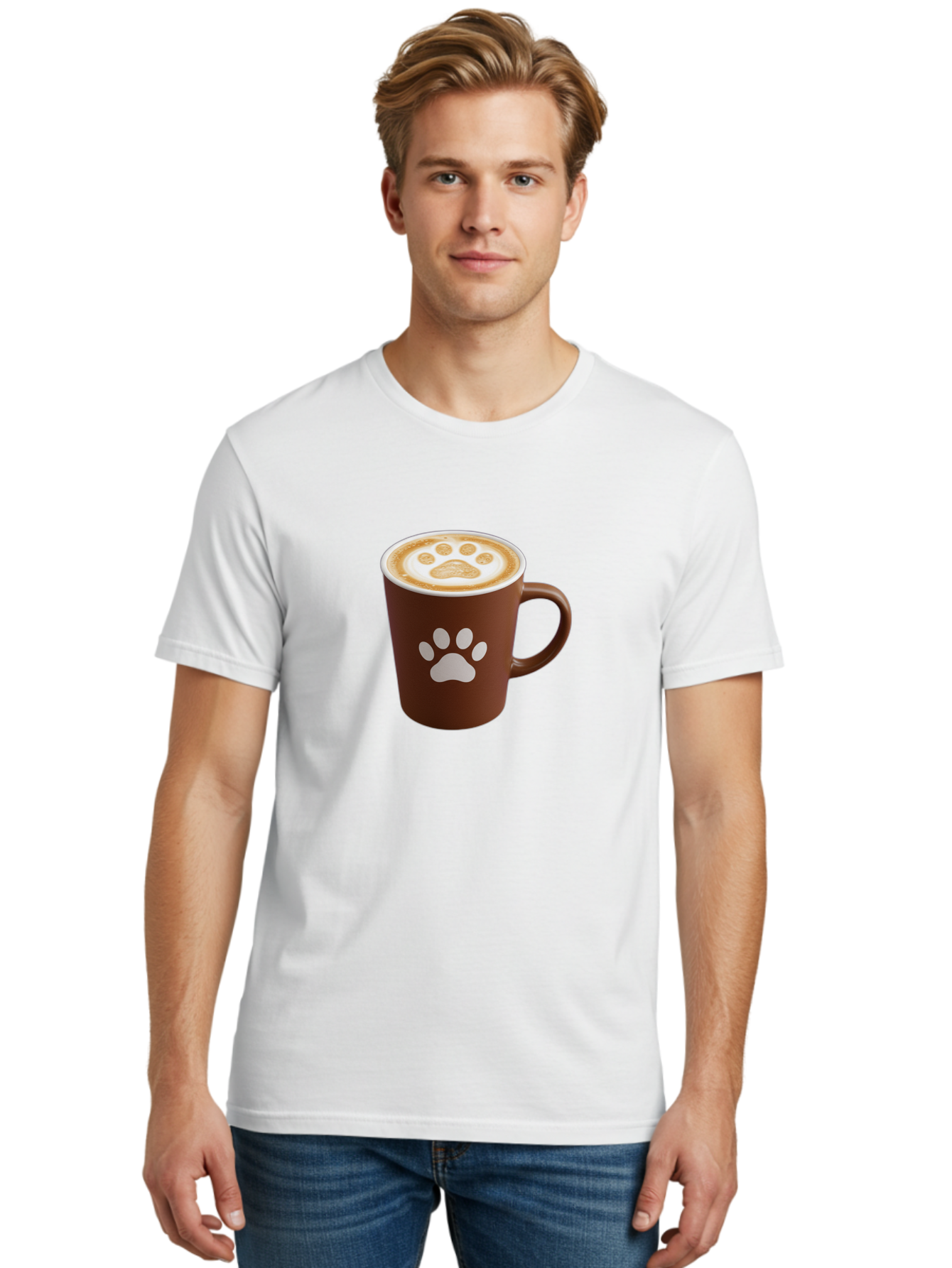 Paw-Print-Coffee-Cup Men'S Graphic Tee, 100% Cotton, Comfortable Casual Summer Wear, Machine Washable, Coffee Cup, Paw Print Design, Latte Art, Cappuccino, Pet Friendly Coffee, Animal Print, Coffee Lover Gift, Cat Paw Print, Dog Paw Print Bab069 24