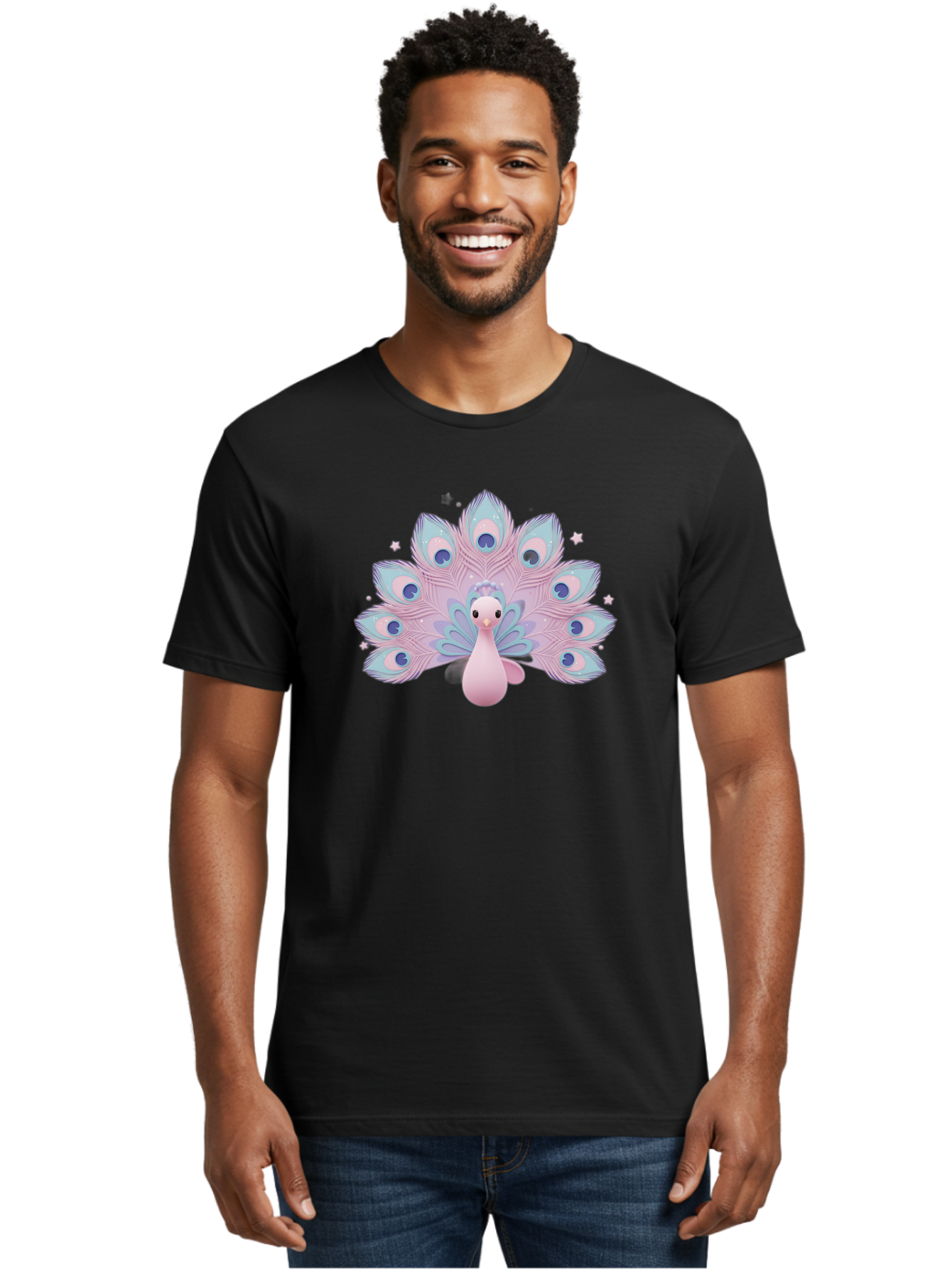 Peacock-1 Men'S Graphic Tee, 100% Cotton, Comfortable Casual Summer Wear, Machine Washable, Cartoon Peacock, Pink Peacock, Blue Feathers, Fantasy Bird, Majestic Plumage, Vibrant Colors, Pastel Hues, Whimsical Design, Stylized Artwork, Bab070 8
