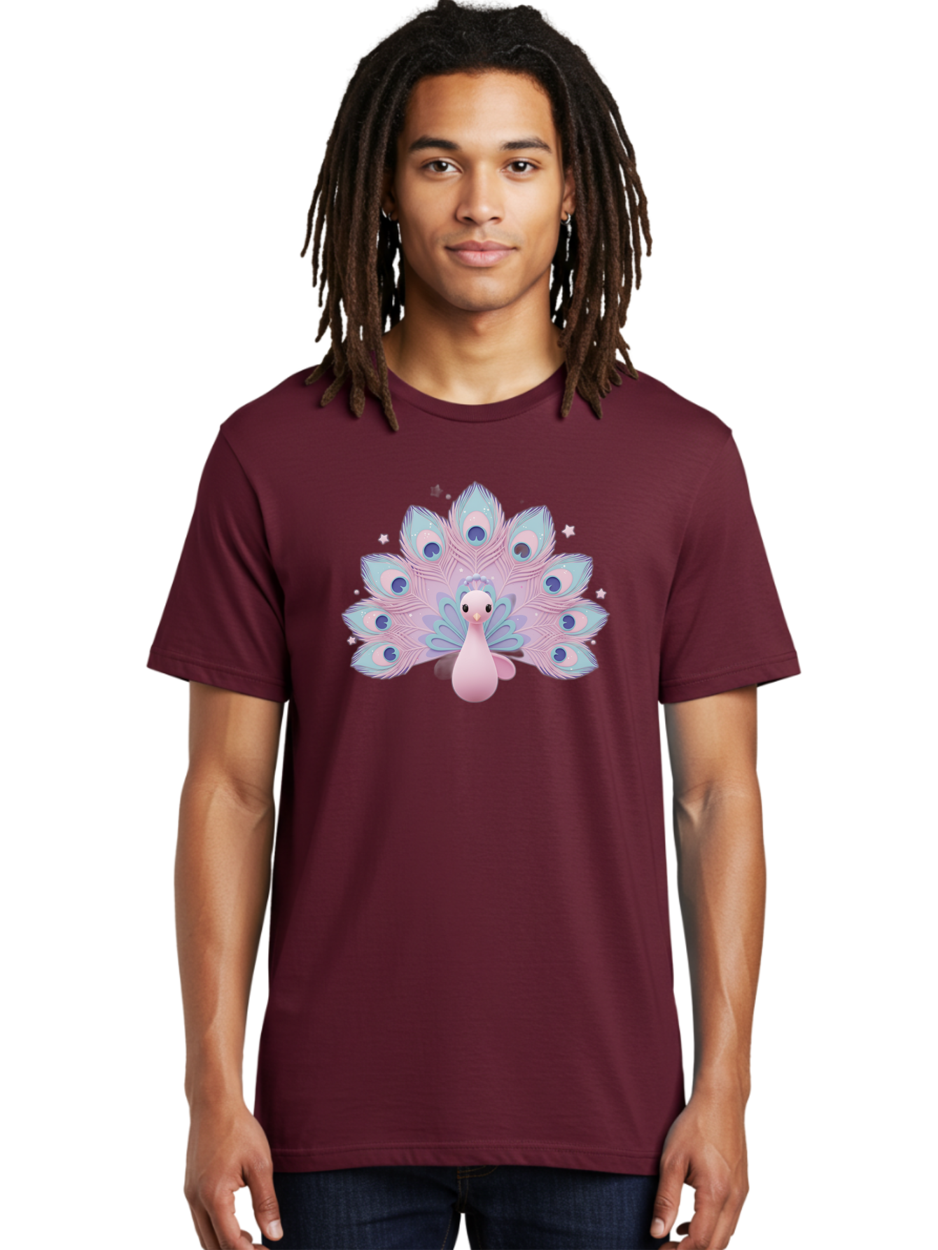 Peacock-1 Men'S Graphic Tee, 100% Cotton, Comfortable Casual Summer Wear, Machine Washable, Cartoon Peacock, Pink Peacock, Blue Feathers, Fantasy Bird, Majestic Plumage, Vibrant Colors, Pastel Hues, Whimsical Design, Stylized Artwork, Bab070 14