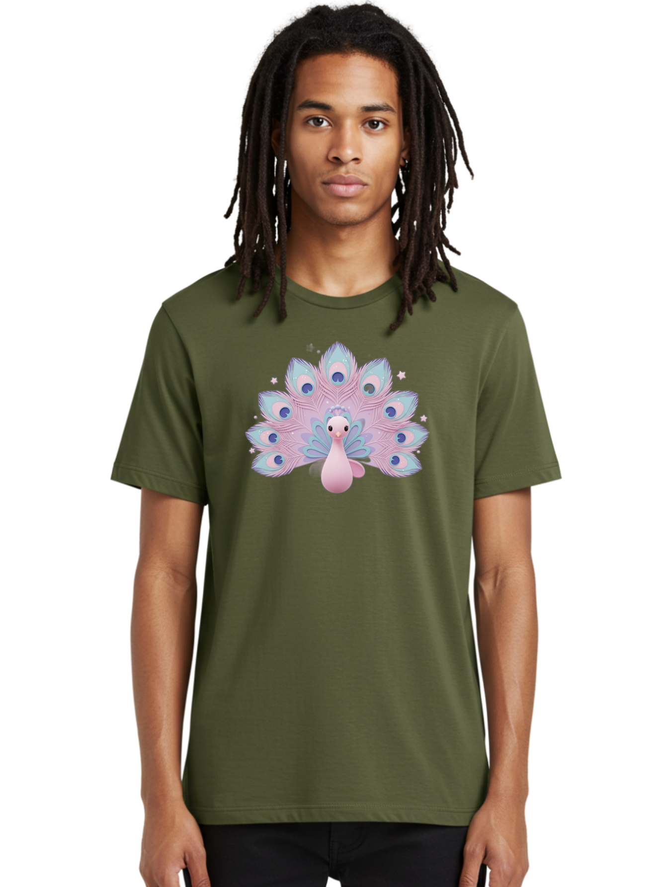 Peacock-1 Men'S Graphic Tee, 100% Cotton, Comfortable Casual Summer Wear, Machine Washable, Cartoon Peacock, Pink Peacock, Blue Feathers, Fantasy Bird, Majestic Plumage, Vibrant Colors, Pastel Hues, Whimsical Design, Stylized Artwork, Bab070 28
