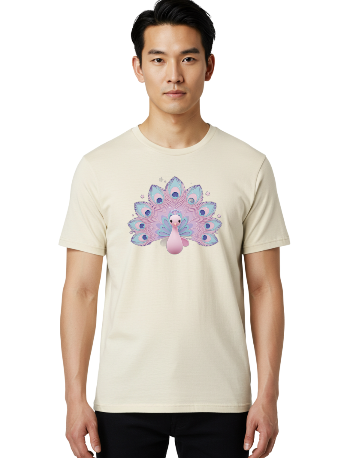 Peacock-1 Men'S Graphic Tee, 100% Cotton, Comfortable Casual Summer Wear, Machine Washable, Cartoon Peacock, Pink Peacock, Blue Feathers, Fantasy Bird, Majestic Plumage, Vibrant Colors, Pastel Hues, Whimsical Design, Stylized Artwork, Bab070 22