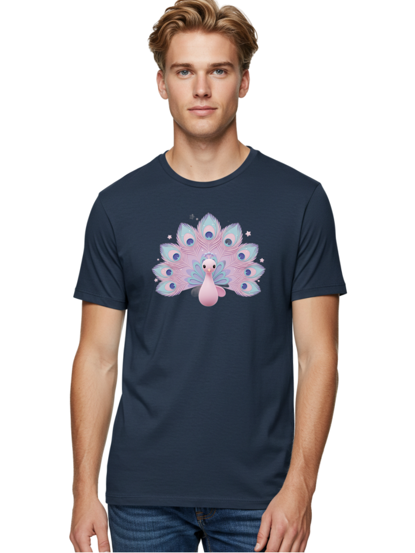 Peacock-1 Men'S Graphic Tee, 100% Cotton, Comfortable Casual Summer Wear, Machine Washable, Cartoon Peacock, Pink Peacock, Blue Feathers, Fantasy Bird, Majestic Plumage, Vibrant Colors, Pastel Hues, Whimsical Design, Stylized Artwork, Bab070 10