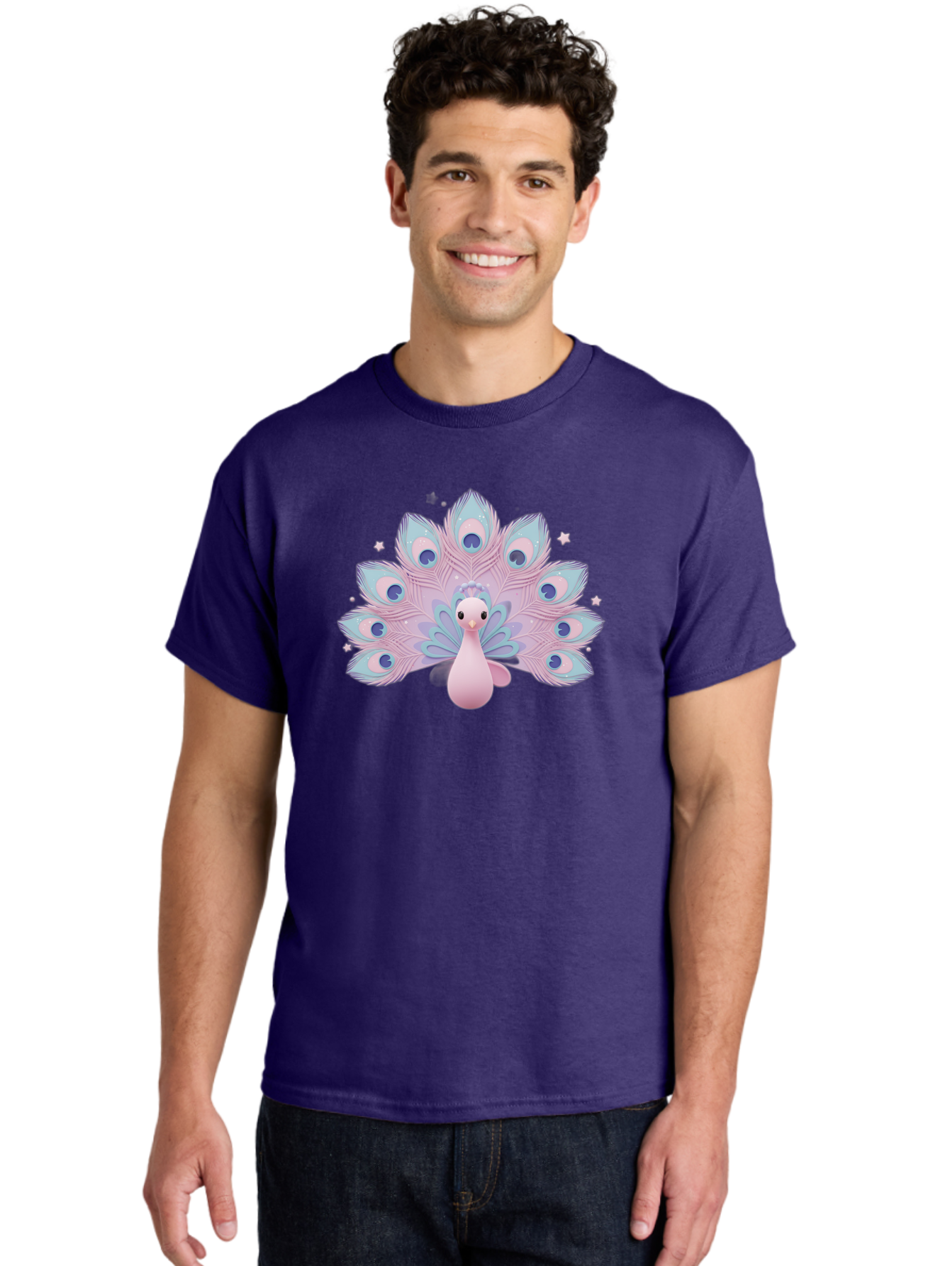 Peacock-1 Men'S Graphic Tee, 100% Cotton, Comfortable Casual Summer Wear, Machine Washable, Cartoon Peacock, Pink Peacock, Blue Feathers, Fantasy Bird, Majestic Plumage, Vibrant Colors, Pastel Hues, Whimsical Design, Stylized Artwork, Bab070 30