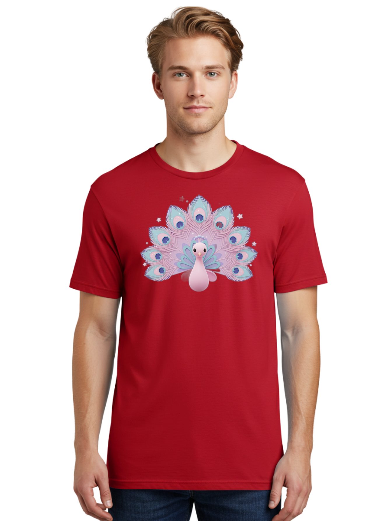 Peacock-1 Men'S Graphic Tee, 100% Cotton, Comfortable Casual Summer Wear, Machine Washable, Cartoon Peacock, Pink Peacock, Blue Feathers, Fantasy Bird, Majestic Plumage, Vibrant Colors, Pastel Hues, Whimsical Design, Stylized Artwork, Bab070 26