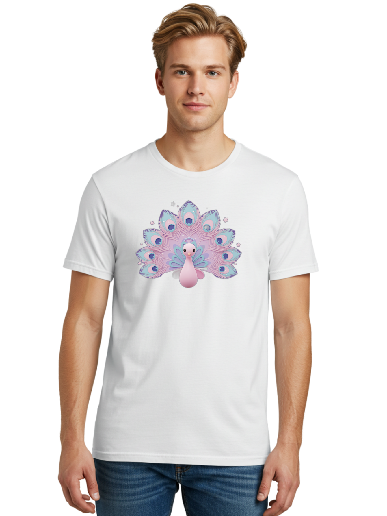 Peacock-1 Men'S Graphic Tee, 100% Cotton, Comfortable Casual Summer Wear, Machine Washable, Cartoon Peacock, Pink Peacock, Blue Feathers, Fantasy Bird, Majestic Plumage, Vibrant Colors, Pastel Hues, Whimsical Design, Stylized Artwork, Bab070 6