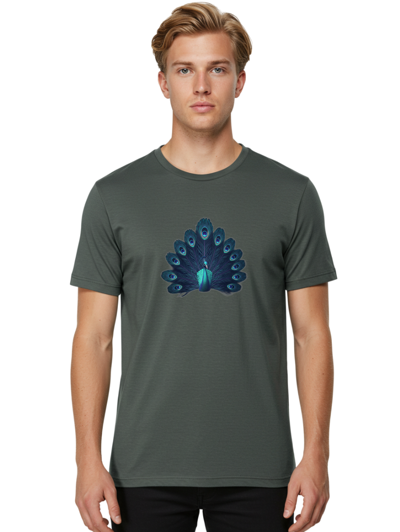 Peacock-10 Men'S Graphic Tee, 100% Cotton, Comfortable Casual Summer Wear, Machine Washable, Peacock Spreading Its Feathers, Blue Eyespots, Vibrant Plumage, Majestic Bird, Iridescent Colors, Natural Beauty, Exotic Wildlife, Stunning Display Bab071 24