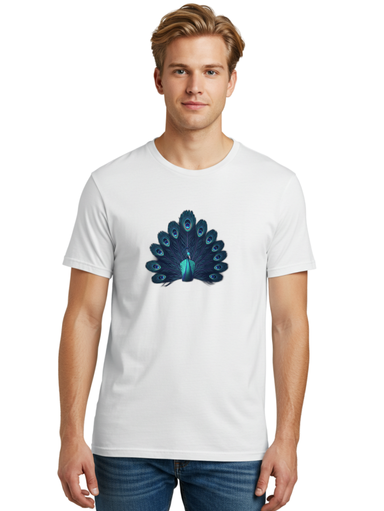 Peacock-10 Men'S Graphic Tee, 100% Cotton, Comfortable Casual Summer Wear, Machine Washable, Peacock Spreading Its Feathers, Blue Eyespots, Vibrant Plumage, Majestic Bird, Iridescent Colors, Natural Beauty, Exotic Wildlife, Stunning Display Bab071 20