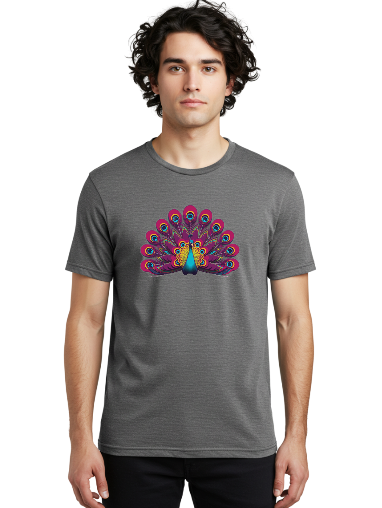 Peacock-11 Men'S Graphic Tee, 100% Cotton, Comfortable Casual Summer Wear, Machine Washable, Vibrant Peacock, Colorful Plumage, Eye-Catching Feathers, Magenta And Blue Hues, Turquoise Body, Intricate Patterns, Majestic Display, Bab072 30