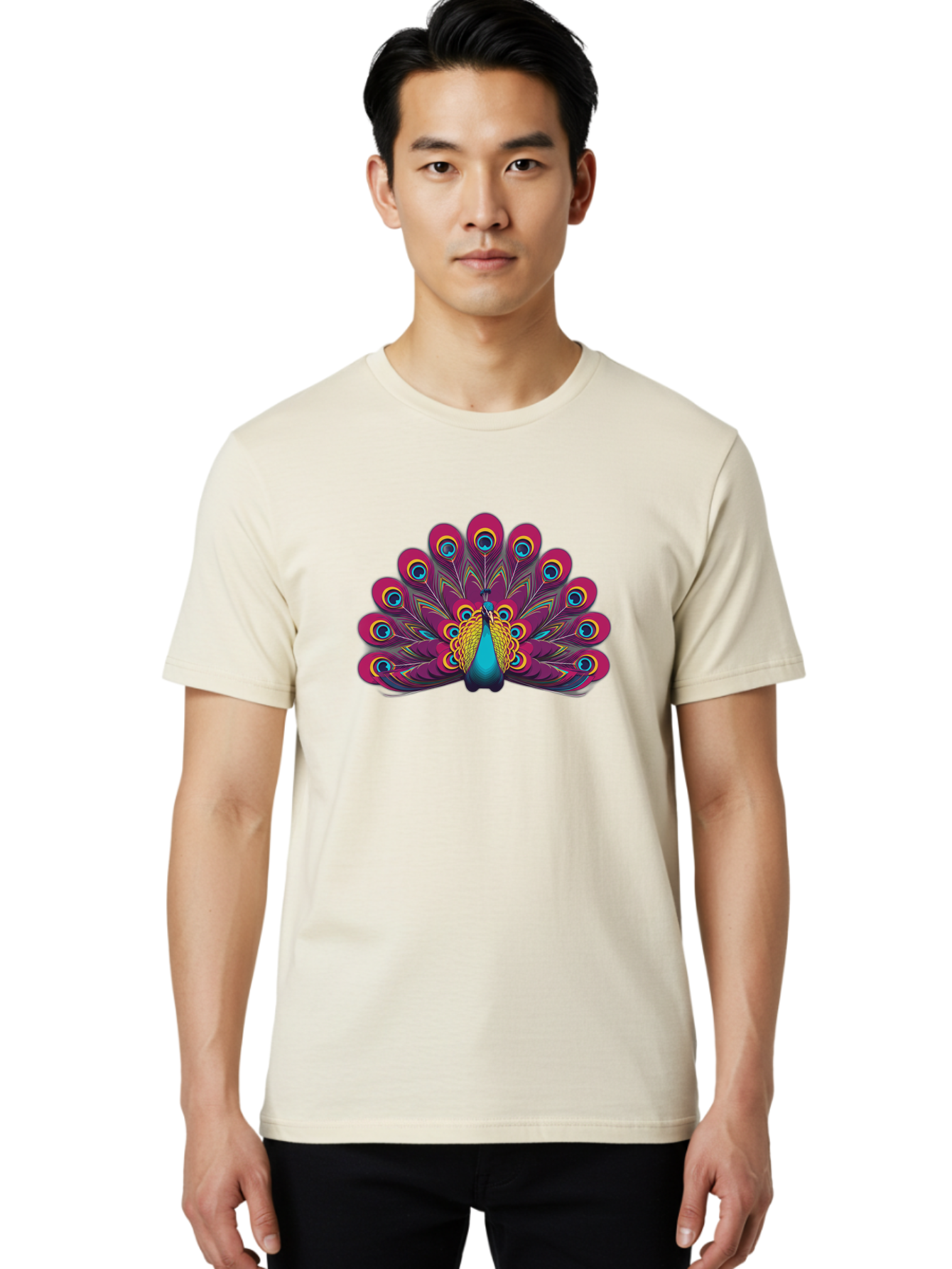 Peacock-11 Men'S Graphic Tee, 100% Cotton, Comfortable Casual Summer Wear, Machine Washable, Vibrant Peacock, Colorful Plumage, Eye-Catching Feathers, Magenta And Blue Hues, Turquoise Body, Intricate Patterns, Majestic Display, Bab072 16