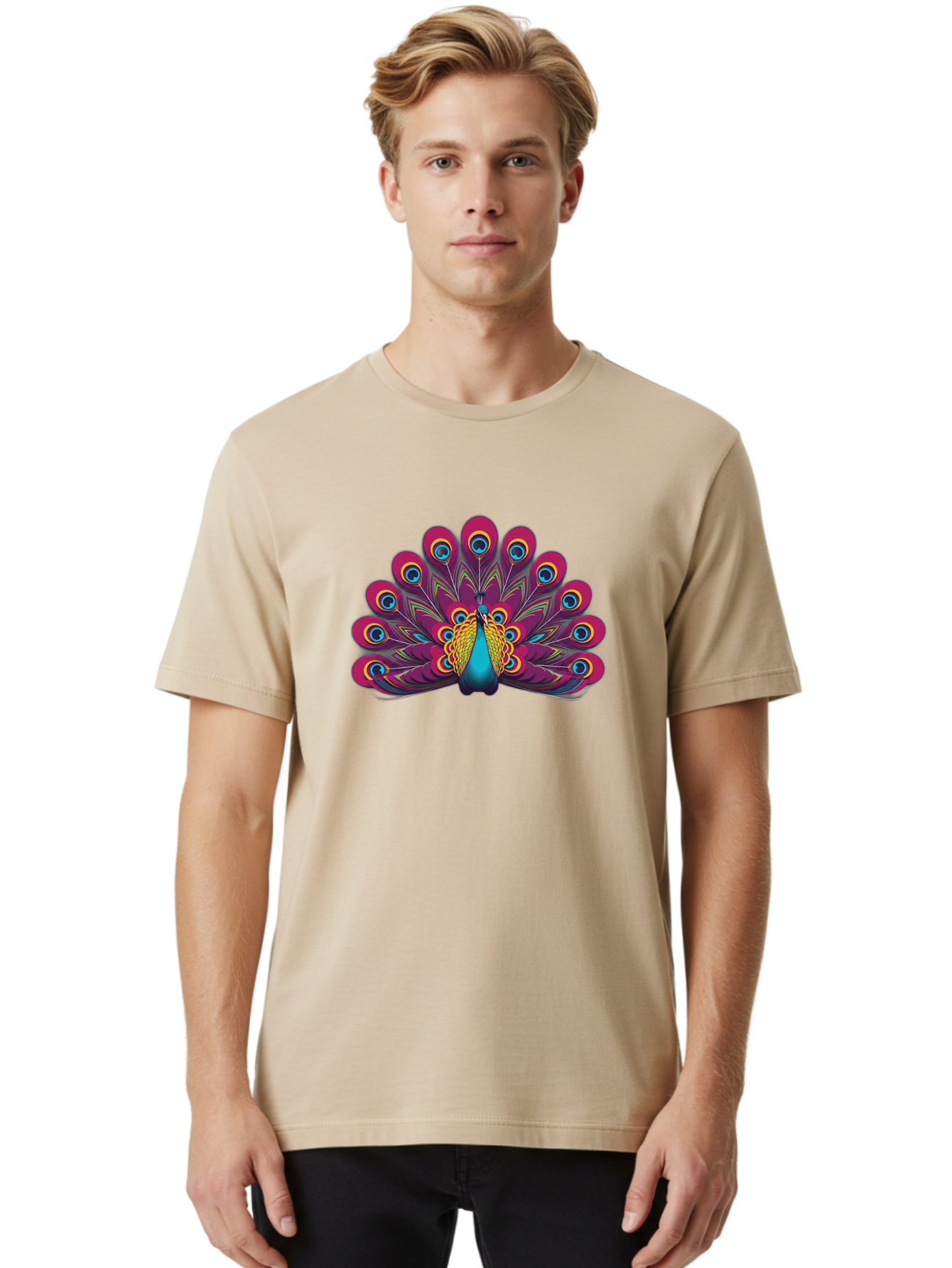 Peacock-11 Men'S Graphic Tee, 100% Cotton, Comfortable Casual Summer Wear, Machine Washable, Vibrant Peacock, Colorful Plumage, Eye-Catching Feathers, Magenta And Blue Hues, Turquoise Body, Intricate Patterns, Majestic Display, Bab072 10