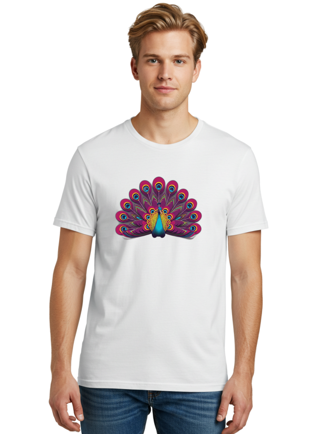 Peacock-11 Men'S Graphic Tee, 100% Cotton, Comfortable Casual Summer Wear, Machine Washable, Vibrant Peacock, Colorful Plumage, Eye-Catching Feathers, Magenta And Blue Hues, Turquoise Body, Intricate Patterns, Majestic Display, Bab072 28