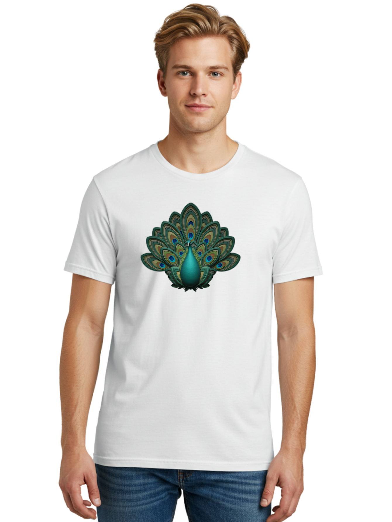Peacock-12 Men'S Graphic Tee, 100% Cotton, Comfortable Casual Summer Wear, Machine Washable, Peacock Spreading Feathers, Blue Eyespots, Vibrant Plumage, Exotic Bird, Natural Beauty, Colorful Display, Majestic Creature, Bird Watching, Bab073 10