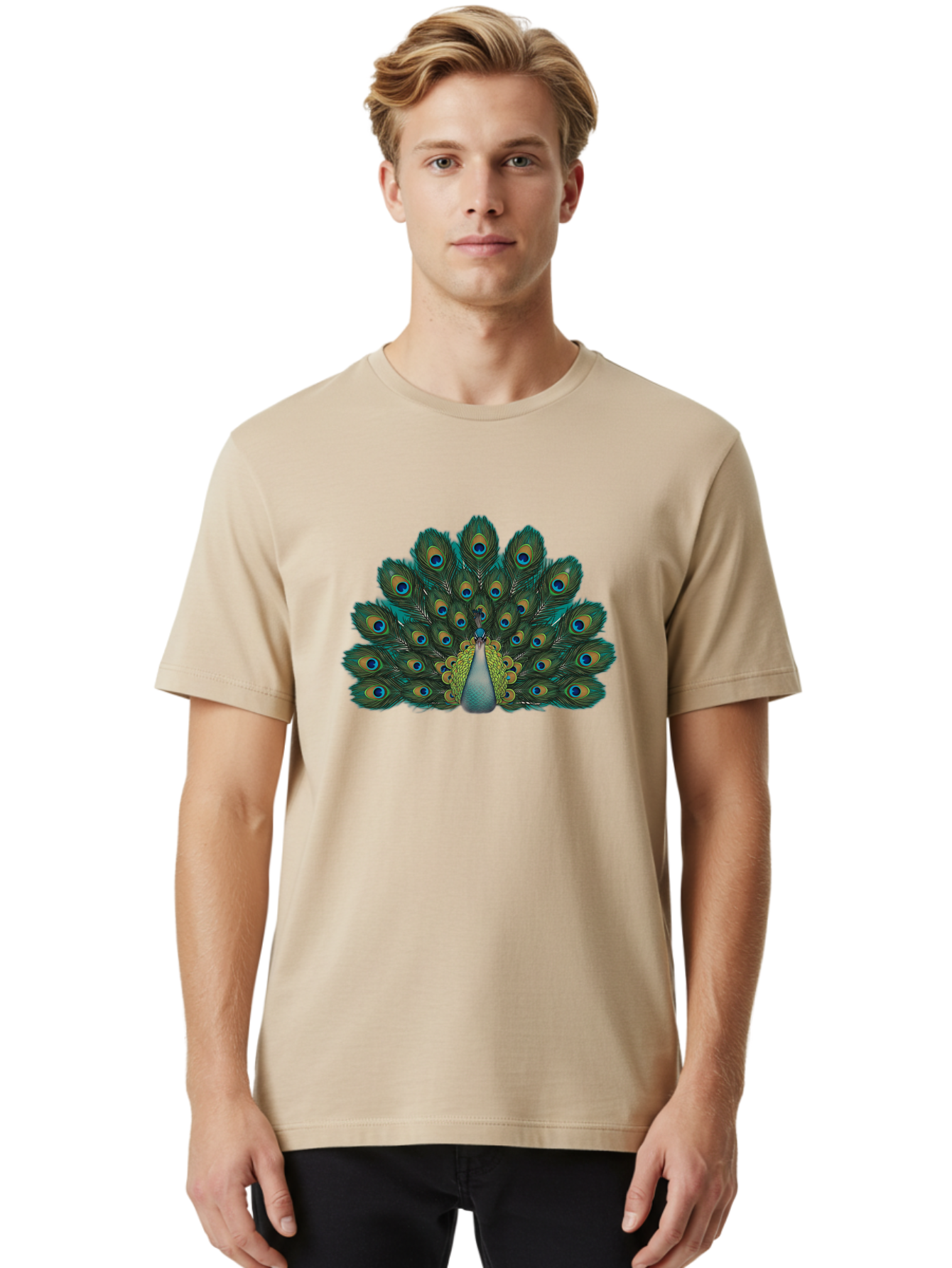 Peacock-13 Men'S Graphic Tee, 100% Cotton, Comfortable Casual Summer Wear, Machine Washable, Peacock With Spread Tail, Vibrant Plumage, Blue And Green Feathers, Eye Spots, Majestic Bird, Exotic Creature, Beautiful Display, Nature'S Artistry, Bab074 28