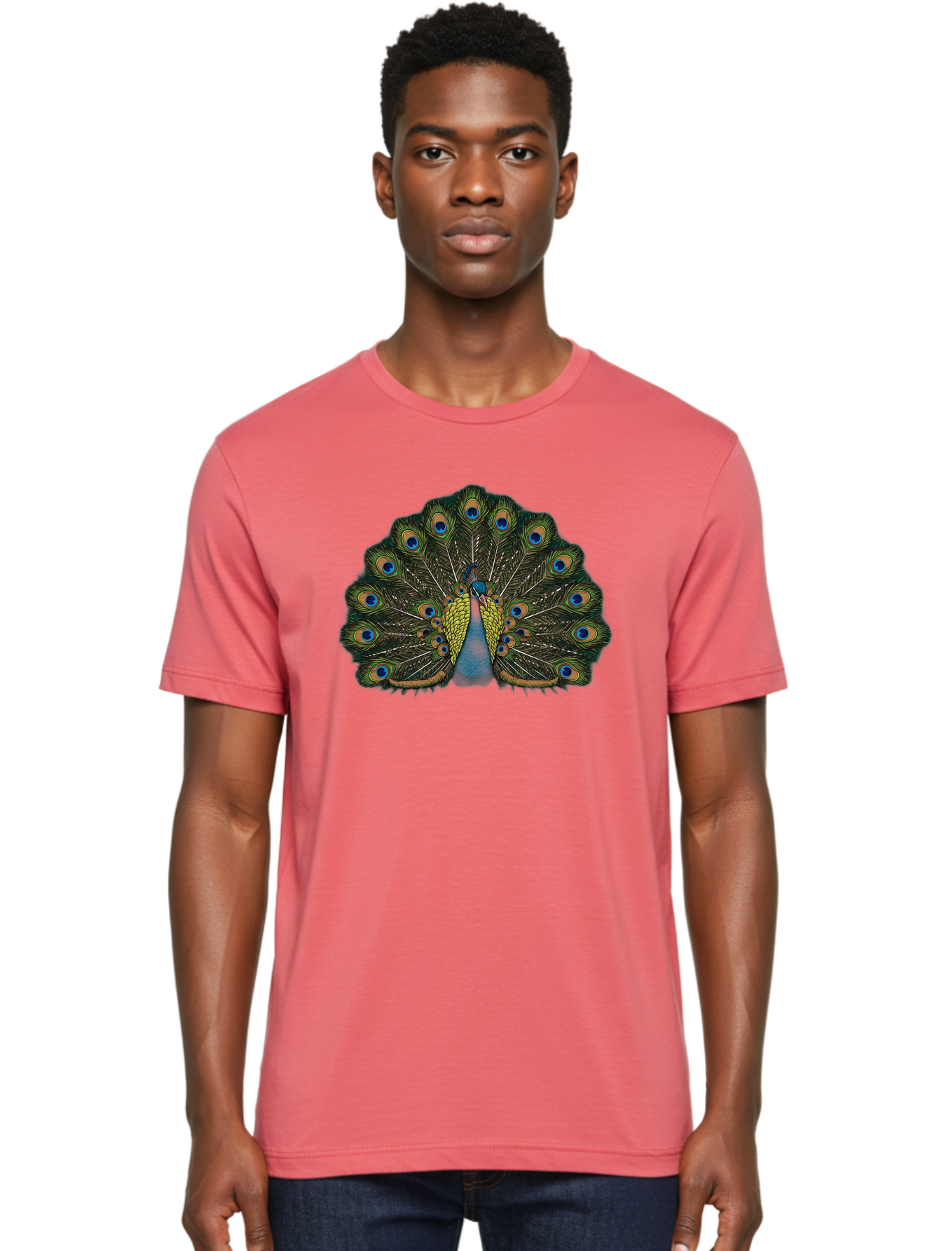 Peacock-14 Men'S Graphic Tee, 100% Cotton, Comfortable Casual Summer Wear, Machine Washable, Peacock Displaying Feathers, Vibrant Plumage, Blue Eyespots, Iridescent Colors, Majestic Bird, Wildlife Beauty, Ornate Tail, Proud Display Bab075 22