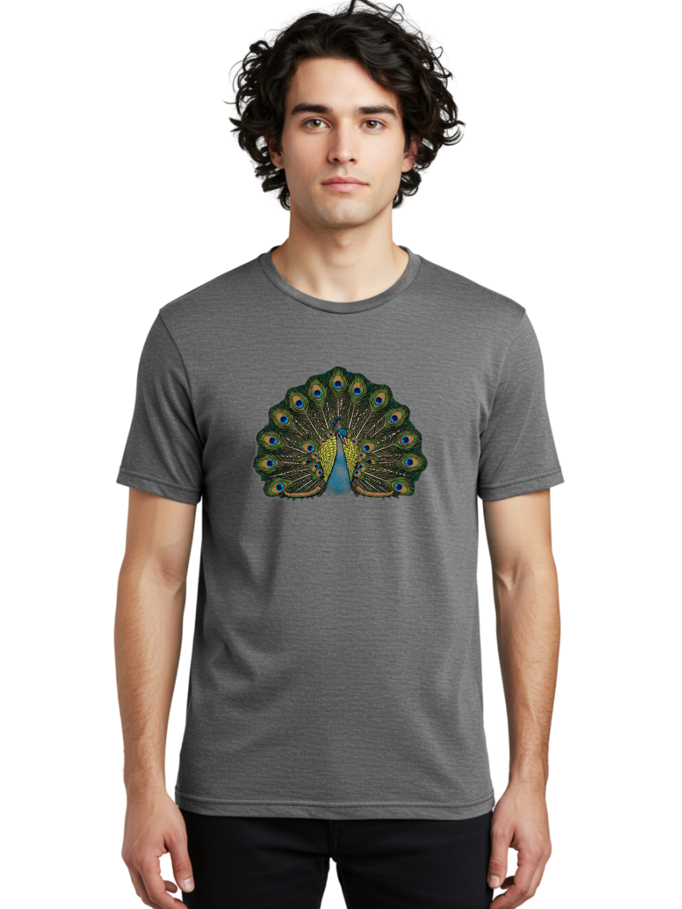 Peacock-14 Men'S Graphic Tee, 100% Cotton, Comfortable Casual Summer Wear, Machine Washable, Peacock Displaying Feathers, Vibrant Plumage, Blue Eyespots, Iridescent Colors, Majestic Bird, Wildlife Beauty, Ornate Tail, Proud Display Bab075 24