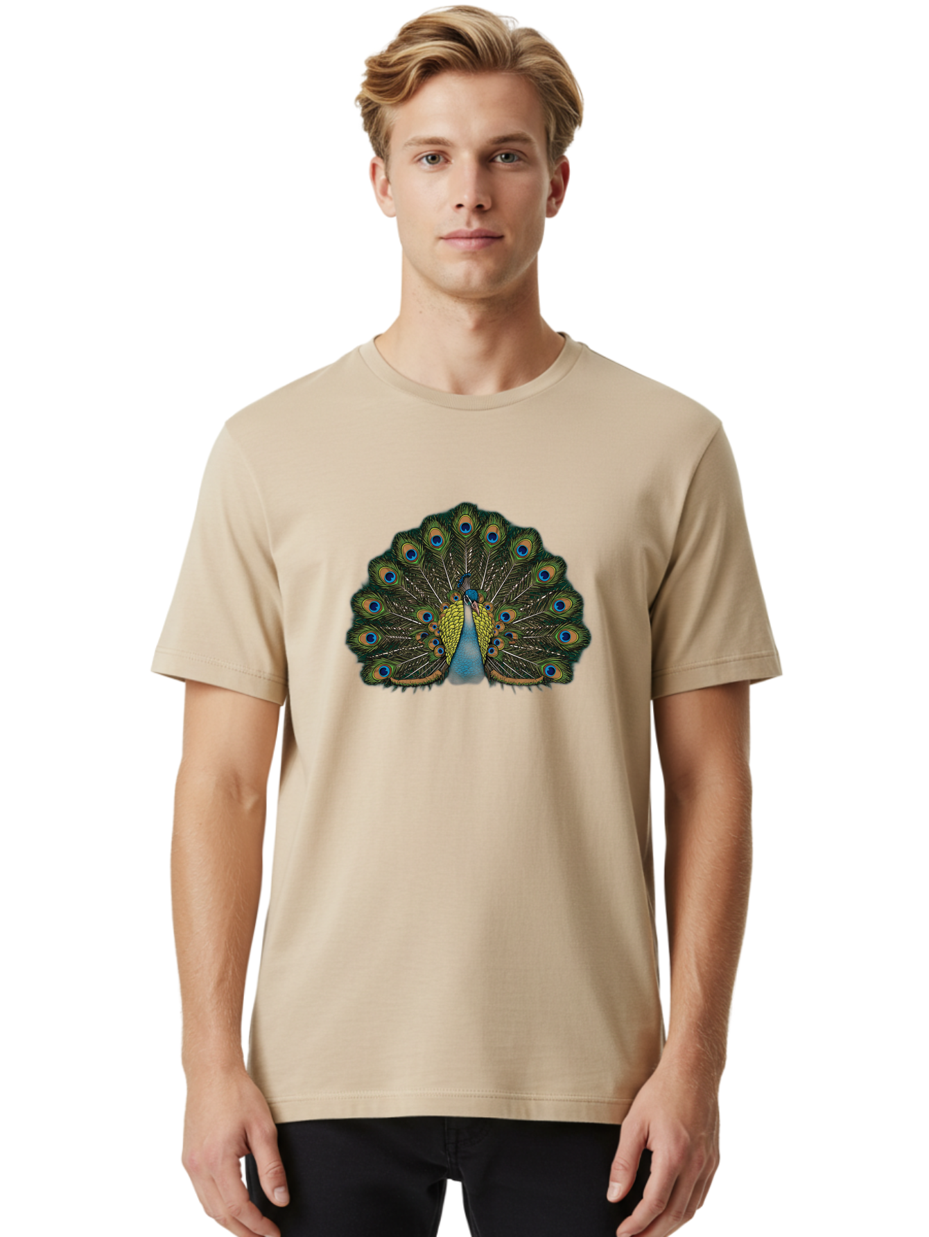 Peacock-14 Men'S Graphic Tee, 100% Cotton, Comfortable Casual Summer Wear, Machine Washable, Peacock Displaying Feathers, Vibrant Plumage, Blue Eyespots, Iridescent Colors, Majestic Bird, Wildlife Beauty, Ornate Tail, Proud Display Bab075 8