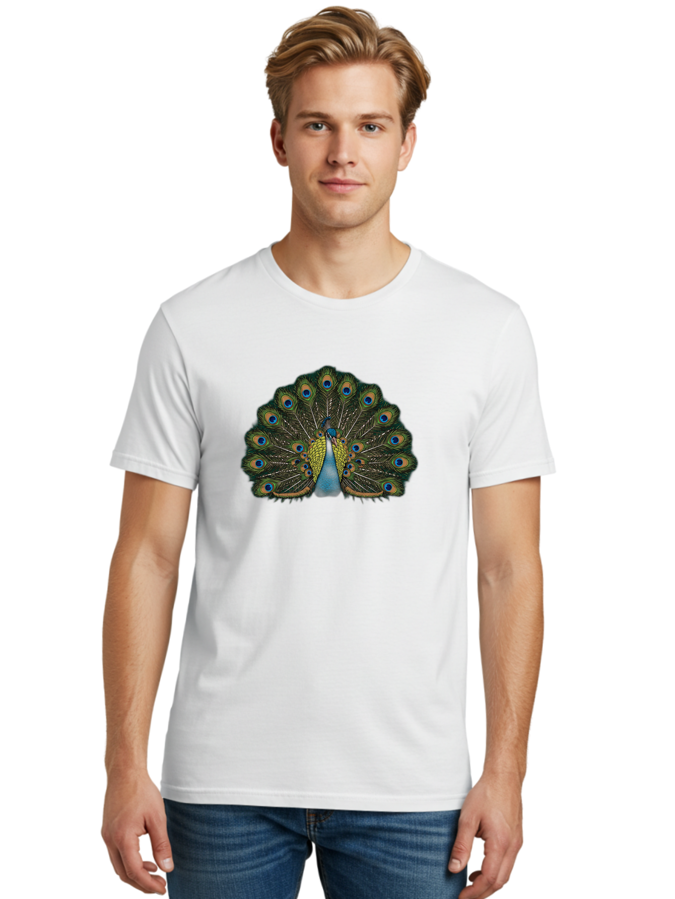 Peacock-14 Men'S Graphic Tee, 100% Cotton, Comfortable Casual Summer Wear, Machine Washable, Peacock Displaying Feathers, Vibrant Plumage, Blue Eyespots, Iridescent Colors, Majestic Bird, Wildlife Beauty, Ornate Tail, Proud Display Bab075 30