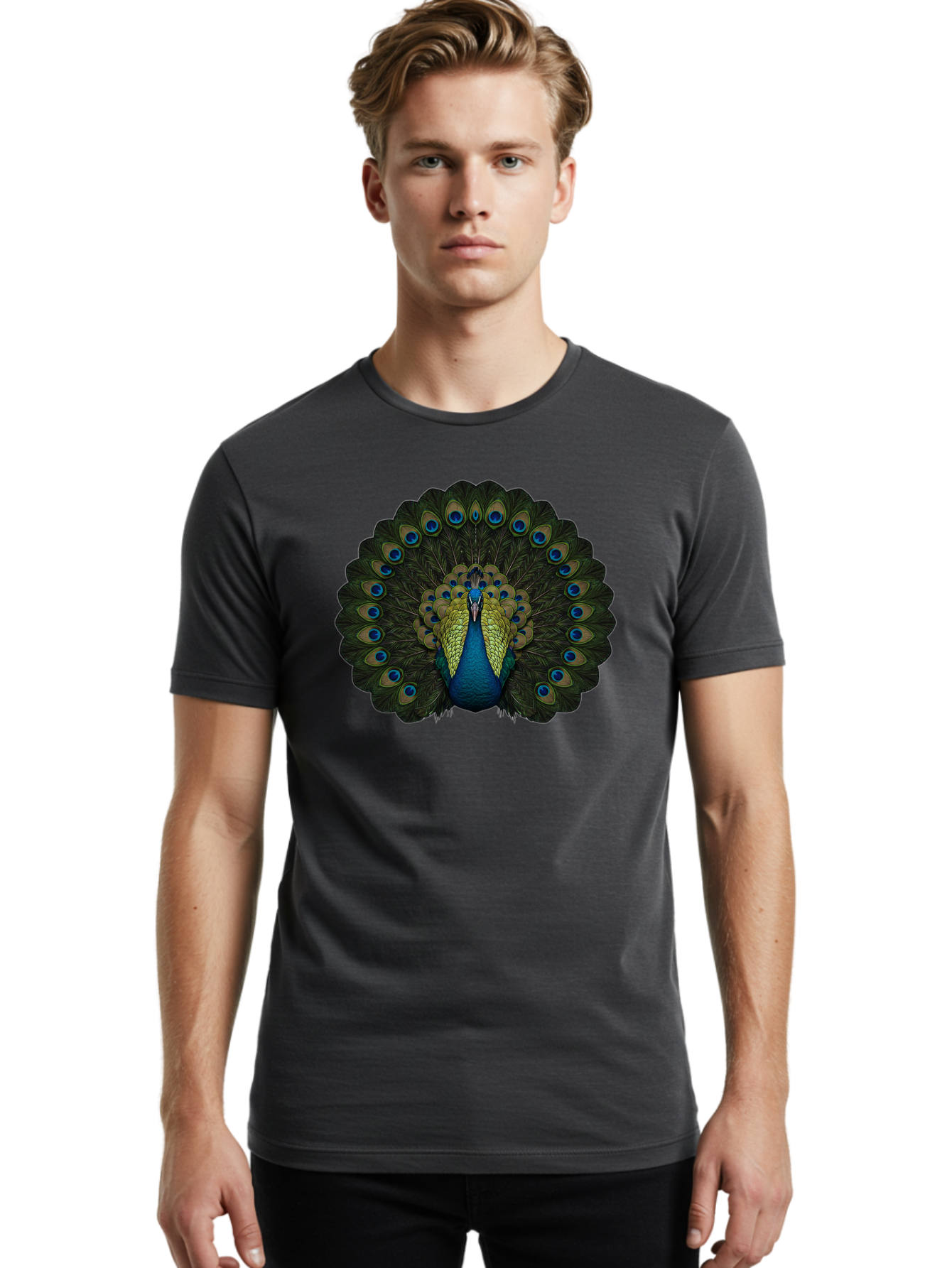 Peacock-15 Men'S Graphic Tee, 100% Cotton, Comfortable Casual Summer Wear, Machine Washable, Blue Peacock, Vibrant Plumage, Eye-Catching Display, Majestic Feathers, Regal Bird, Stunning Colors, Intricate Patterns, Blue And Gold Hues, Bab076 25