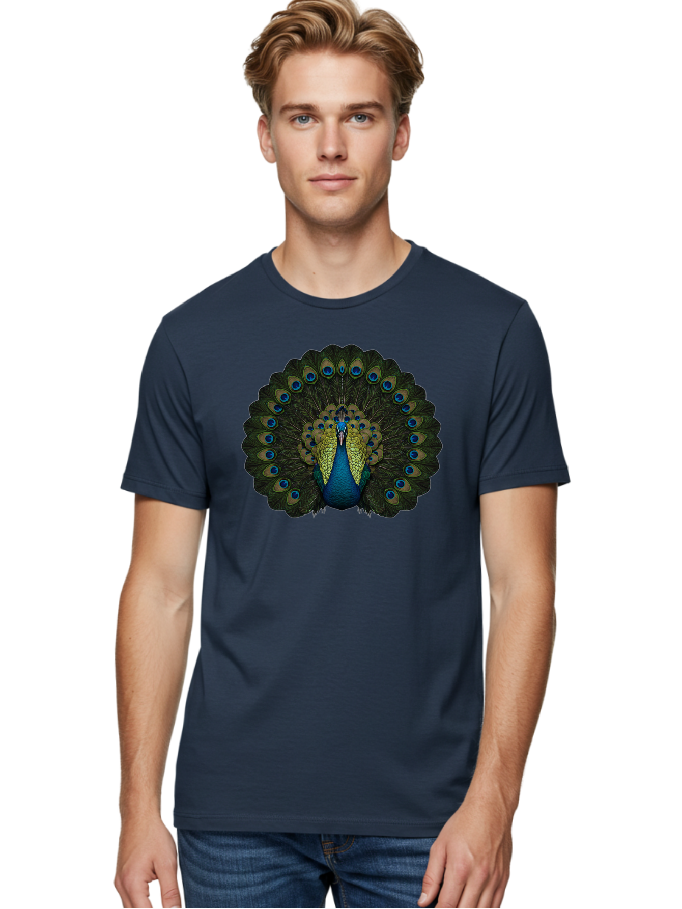 Peacock-15 Men'S Graphic Tee, 100% Cotton, Comfortable Casual Summer Wear, Machine Washable, Blue Peacock, Vibrant Plumage, Eye-Catching Display, Majestic Feathers, Regal Bird, Stunning Colors, Intricate Patterns, Blue And Gold Hues, Bab076 21