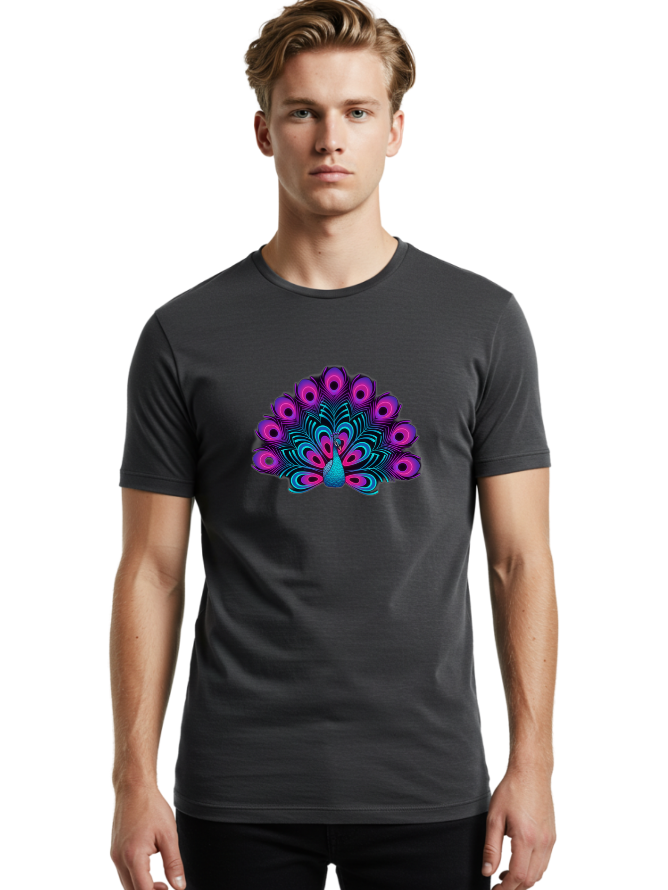 Peacock-16 Men'S Graphic Tee, 100% Cotton, Comfortable Casual Summer Wear, Machine Washable, Peacock Displaying Feathers, Vibrant Plumage, Blue And Purple Hues, Eye-Catching Pattern, Majestic Bird, Colorful Illustration, Intricate Design, Bab077 14