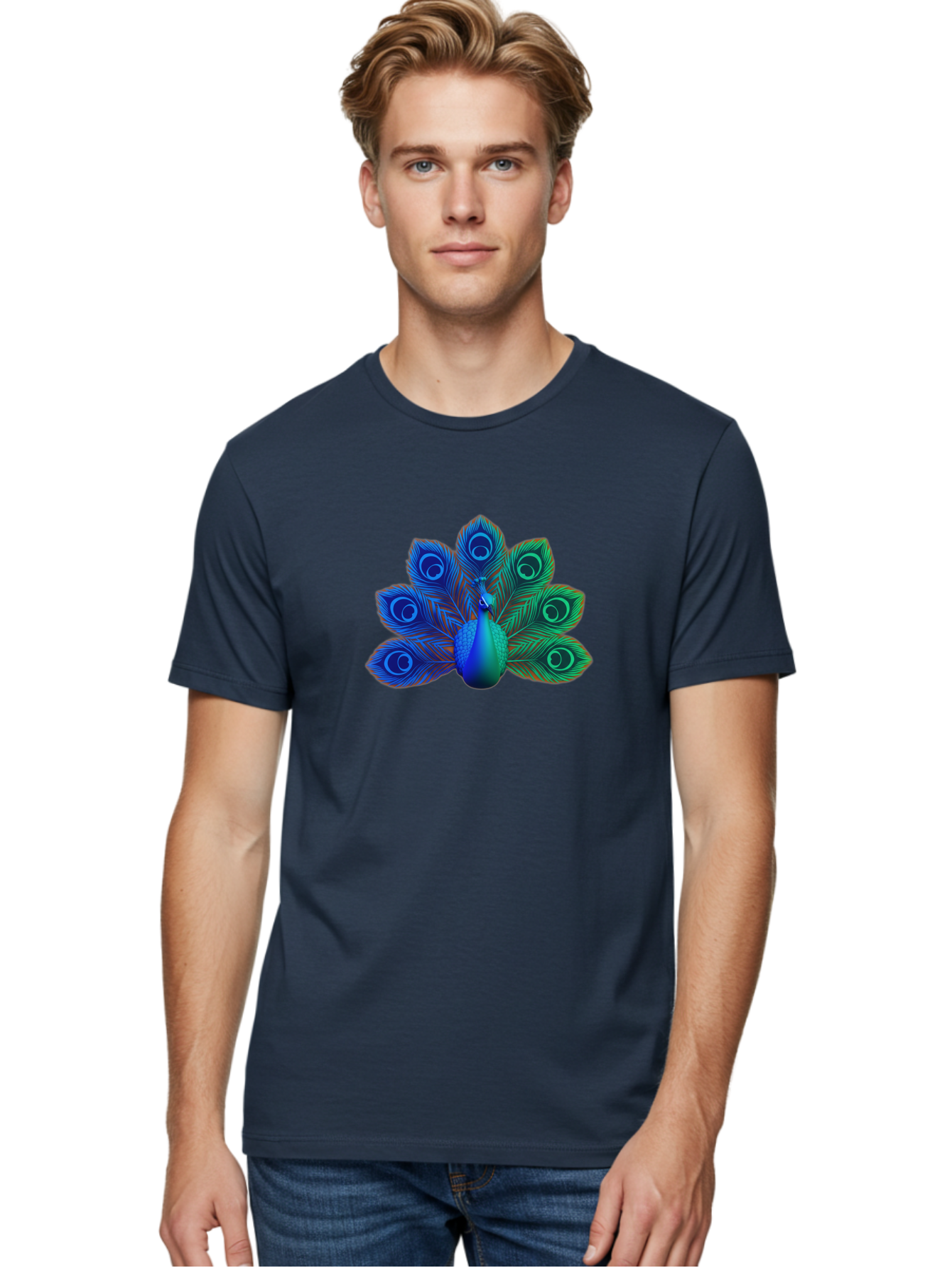 Peacock-18 Men'S Graphic Tee, 100% Cotton, Comfortable Casual Summer Wear, Machine Washable, Peacock Display, Vibrant Feathers, Blue Plumage, Colorful Bird, Majestic Creature, Iridescent Colors, Eye Spots, Feathered Beauty Bab079 26
