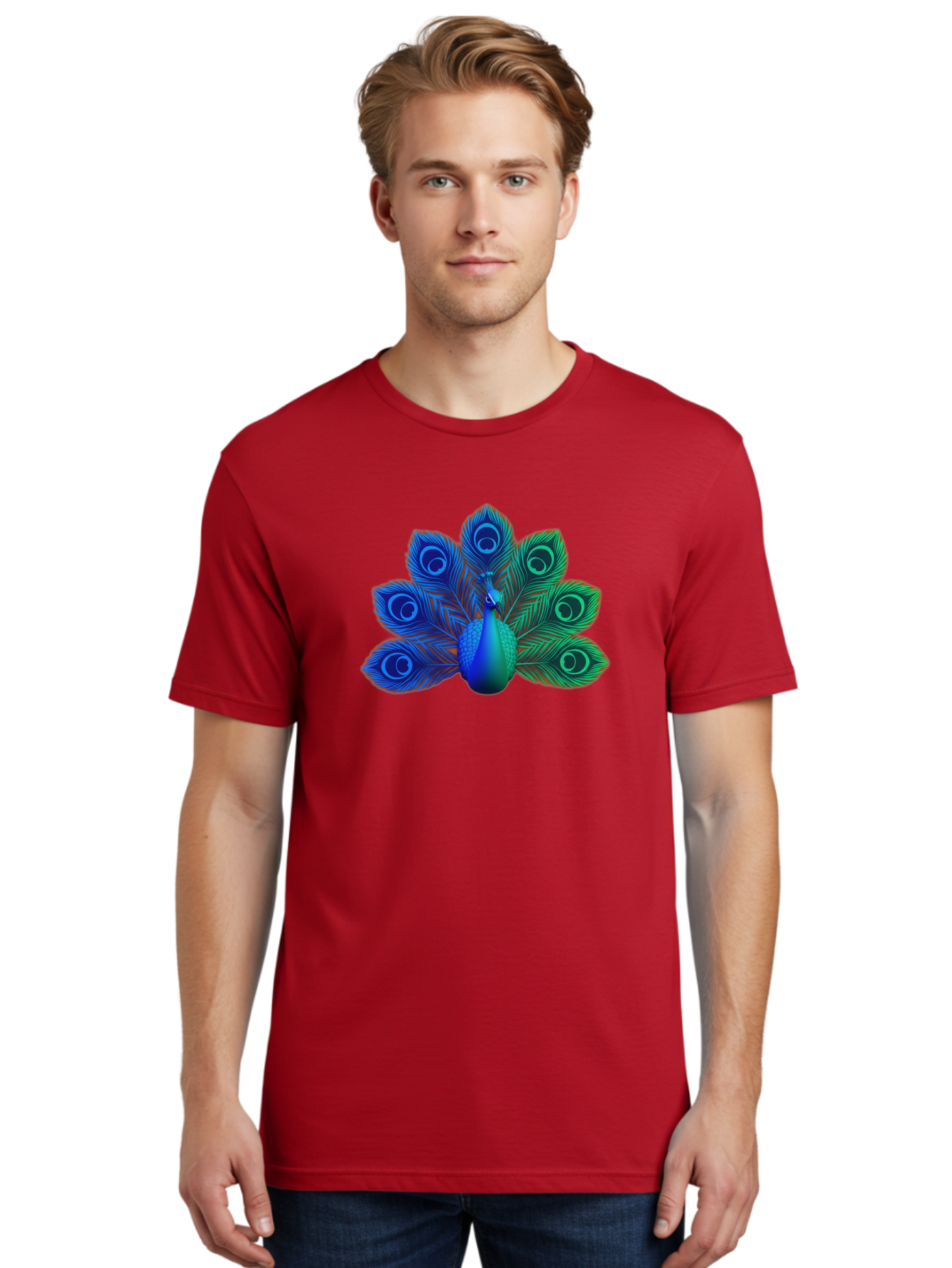 Peacock-18 Men'S Graphic Tee, 100% Cotton, Comfortable Casual Summer Wear, Machine Washable, Peacock Display, Vibrant Feathers, Blue Plumage, Colorful Bird, Majestic Creature, Iridescent Colors, Eye Spots, Feathered Beauty Bab079 4