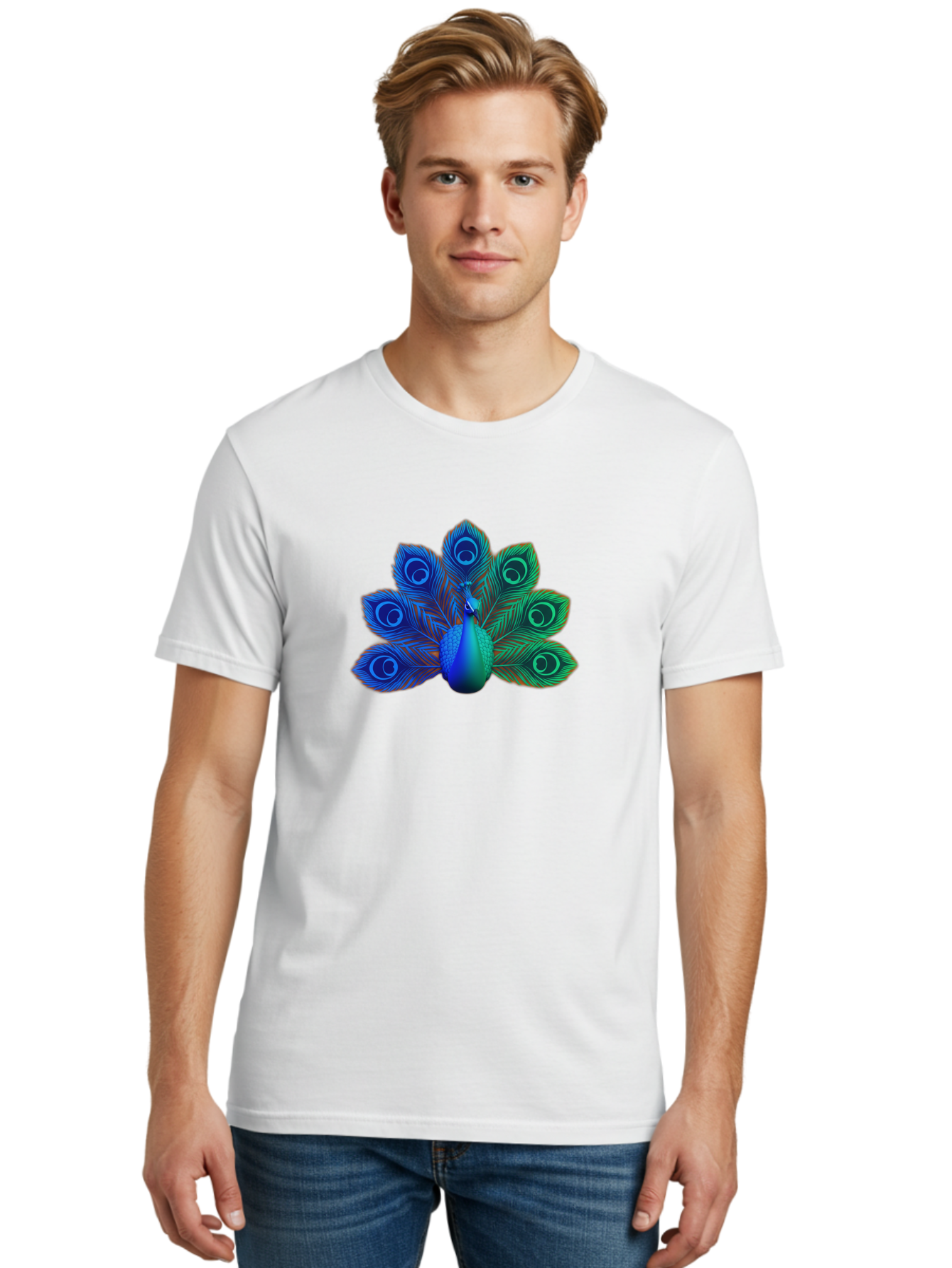 Peacock-18 Men'S Graphic Tee, 100% Cotton, Comfortable Casual Summer Wear, Machine Washable, Peacock Display, Vibrant Feathers, Blue Plumage, Colorful Bird, Majestic Creature, Iridescent Colors, Eye Spots, Feathered Beauty Bab079 6