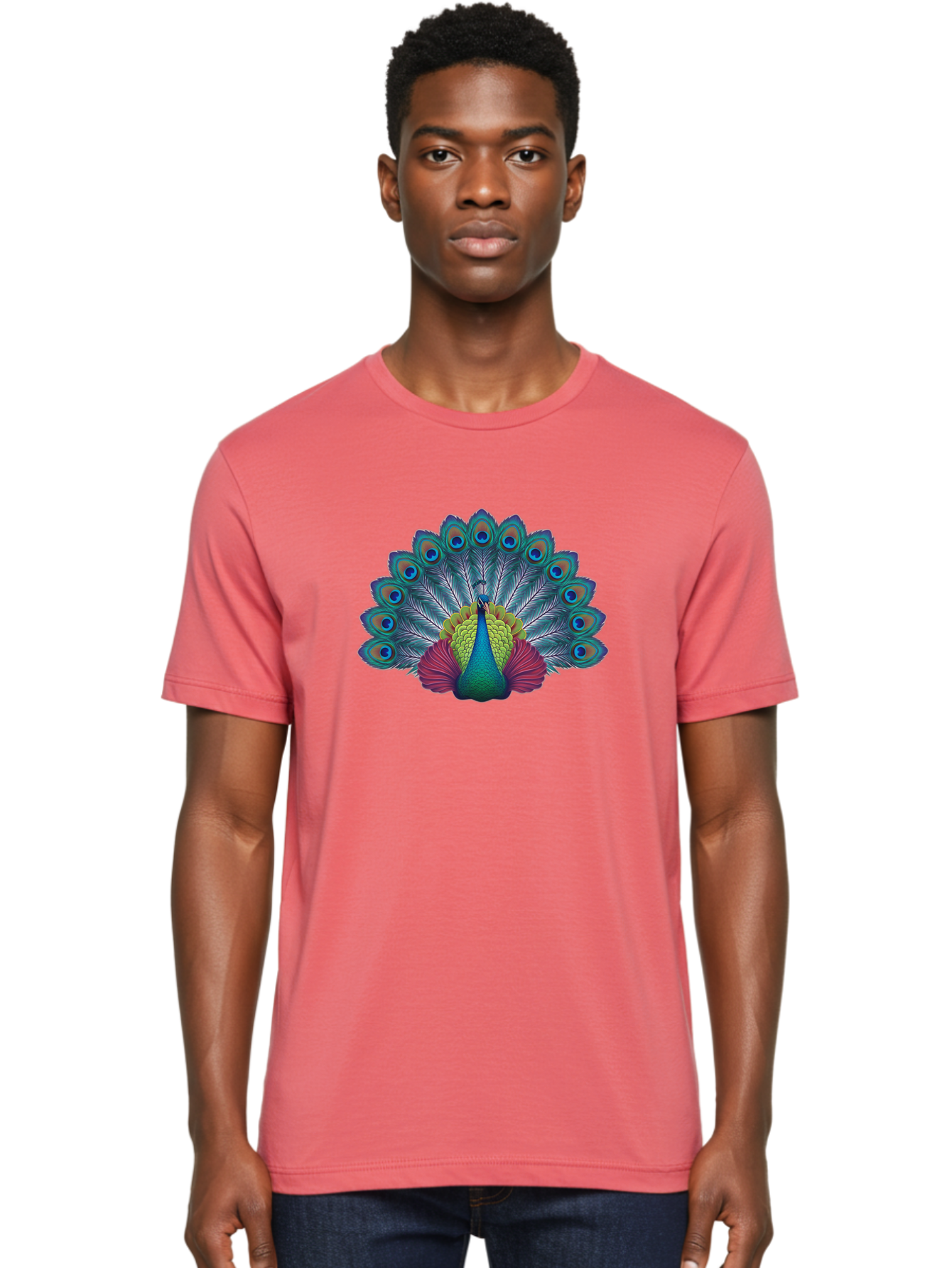 Peacock-19 Men'S Graphic Tee, 100% Cotton, Comfortable Casual Summer Wear, Machine Washable, Peacock With Vibrant Feathers, Colorful Plumage, Blue Eyespots, Green And Blue Body, Pink Train, Majestic Bird, Exotic Wildlife, Beautiful Creature, Bab080 4