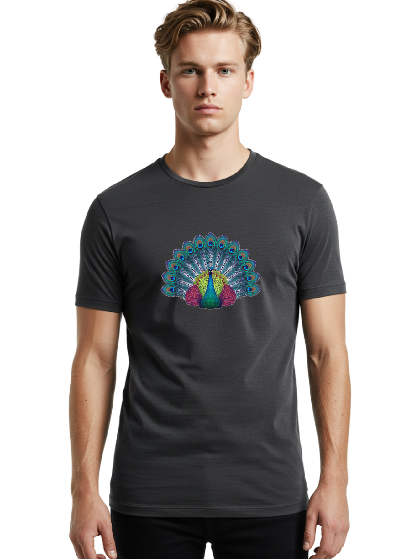 Peacock-19 Men'S Graphic Tee, 100% Cotton, Comfortable Casual Summer Wear, Machine Washable, Peacock With Vibrant Feathers, Colorful Plumage, Blue Eyespots, Green And Blue Body, Pink Train, Majestic Bird, Exotic Wildlife, Beautiful Creature, Bab080 12