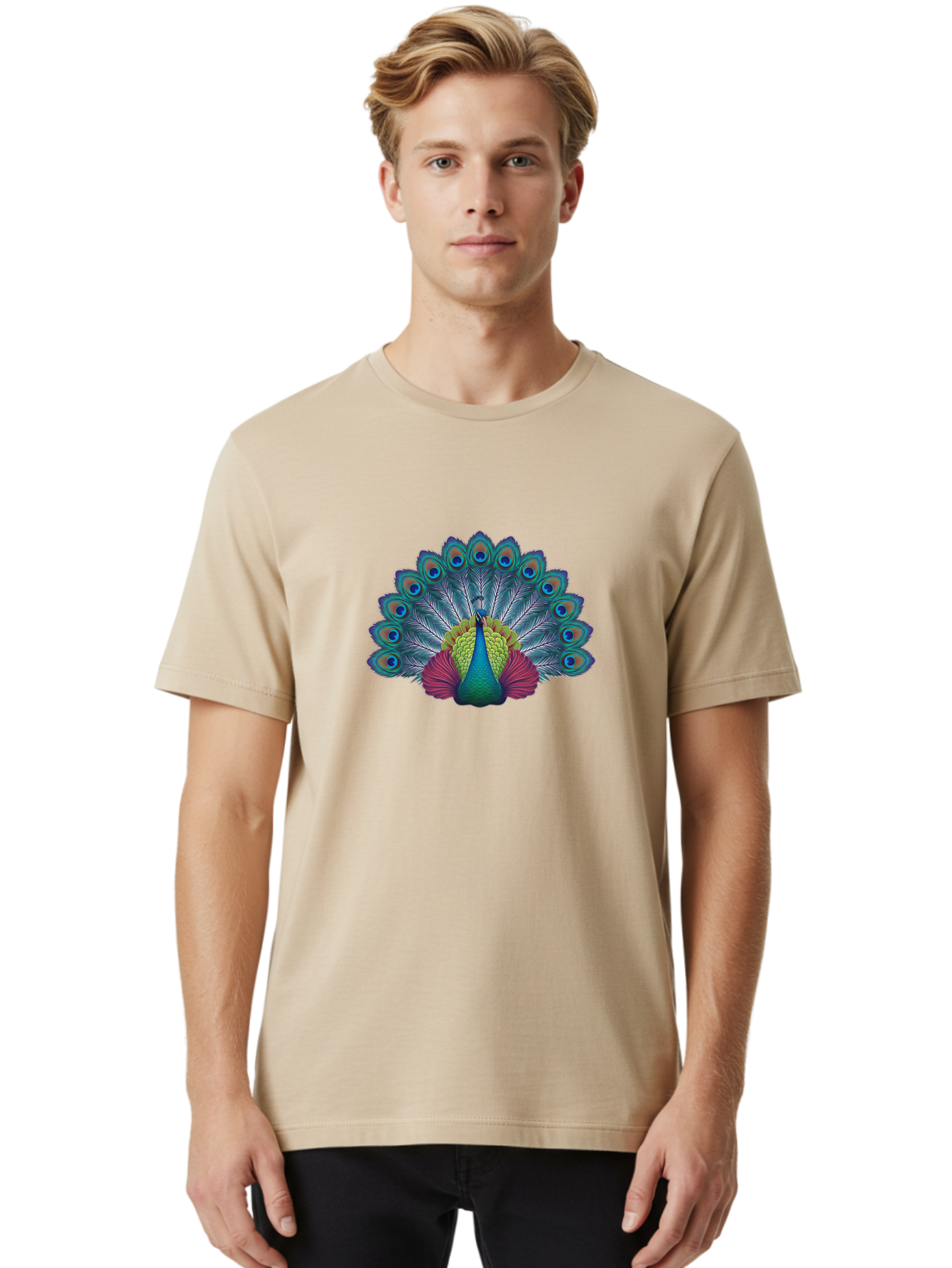 Peacock-19 Men'S Graphic Tee, 100% Cotton, Comfortable Casual Summer Wear, Machine Washable, Peacock With Vibrant Feathers, Colorful Plumage, Blue Eyespots, Green And Blue Body, Pink Train, Majestic Bird, Exotic Wildlife, Beautiful Creature, Bab080 16