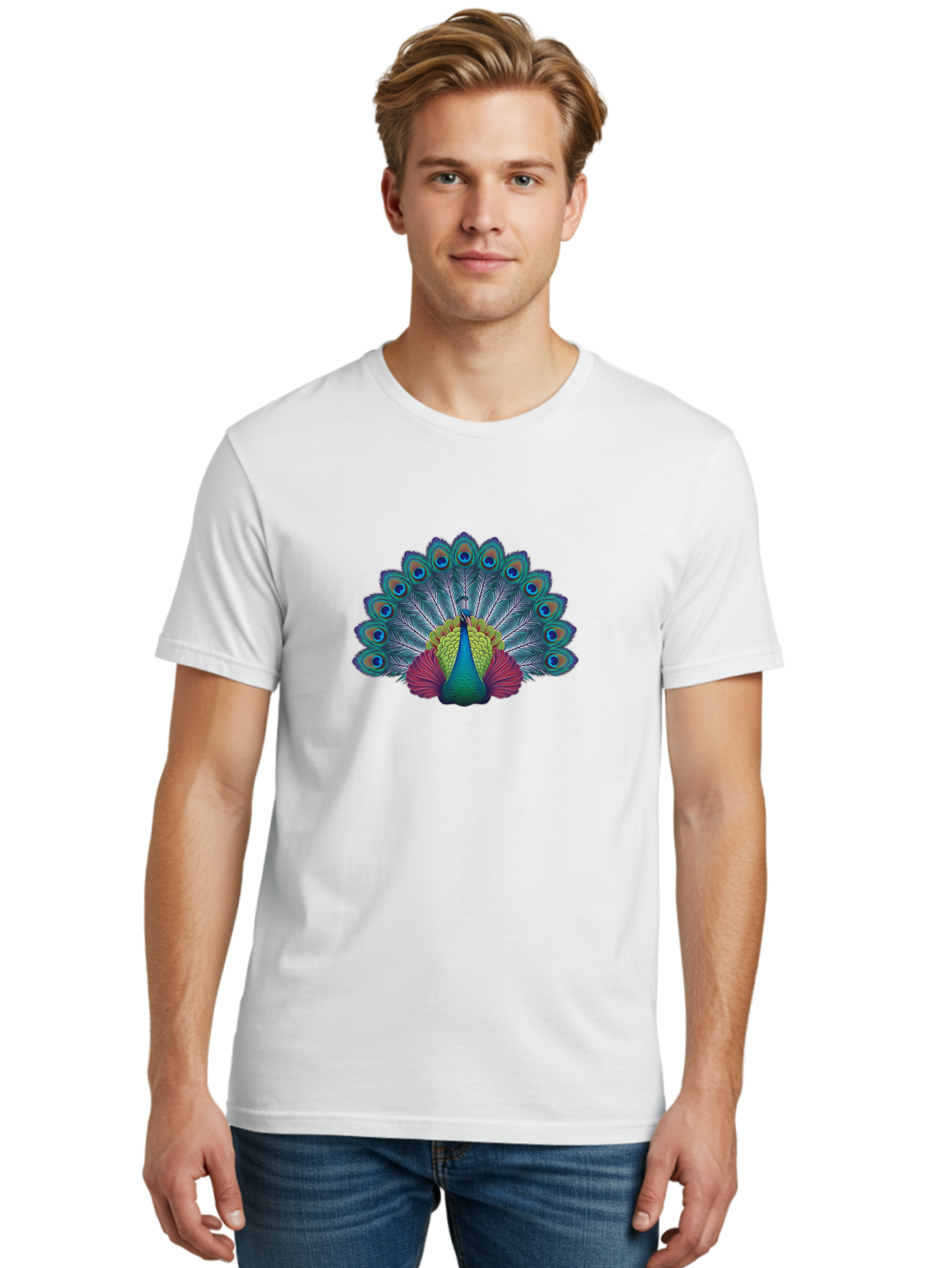Peacock-19 Men'S Graphic Tee, 100% Cotton, Comfortable Casual Summer Wear, Machine Washable, Peacock With Vibrant Feathers, Colorful Plumage, Blue Eyespots, Green And Blue Body, Pink Train, Majestic Bird, Exotic Wildlife, Beautiful Creature, Bab080 6