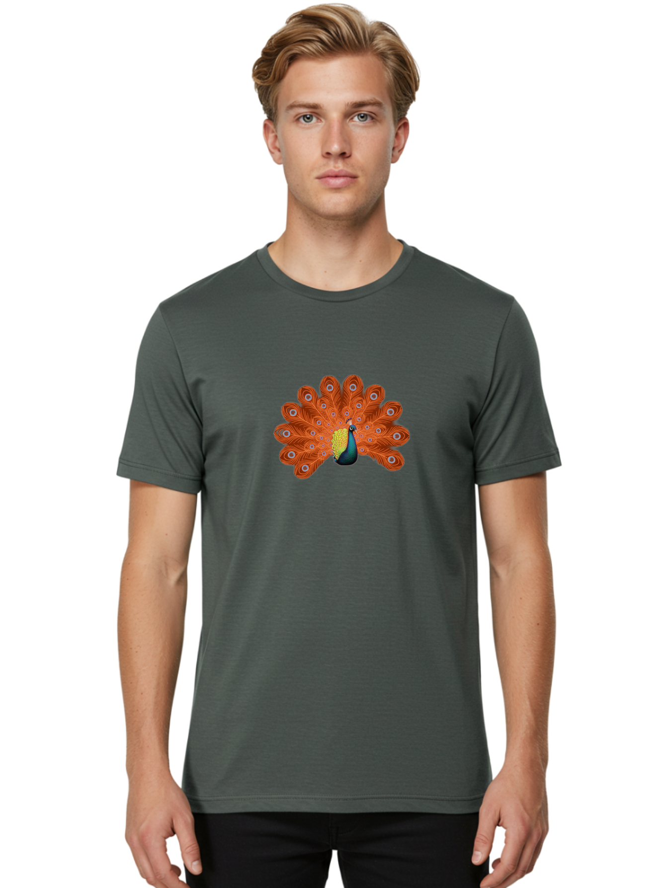 Peacock-20 Men'S Graphic Tee, 100% Cotton, Comfortable Casual Summer Wear, Machine Washable, Vibrant Peacock, Colorful Plumage, Orange Feathers, Blue And Yellow Body, Majestic Bird, Eye-Catching Display, Natural Beauty, Wildlife, Exotic Bird Bab082 16