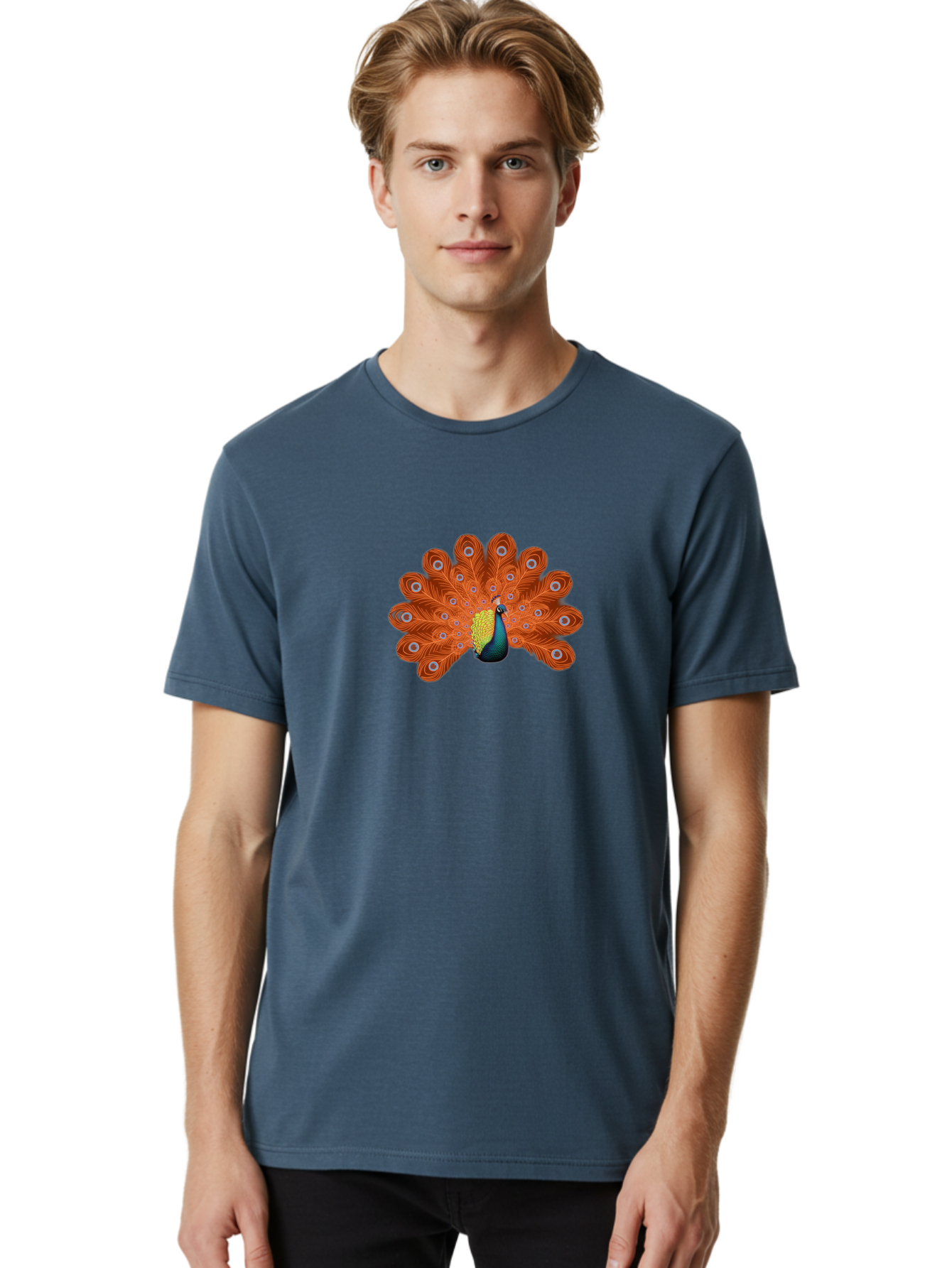 Peacock-20 Men'S Graphic Tee, 100% Cotton, Comfortable Casual Summer Wear, Machine Washable, Vibrant Peacock, Colorful Plumage, Orange Feathers, Blue And Yellow Body, Majestic Bird, Eye-Catching Display, Natural Beauty, Wildlife, Exotic Bird Bab082 22