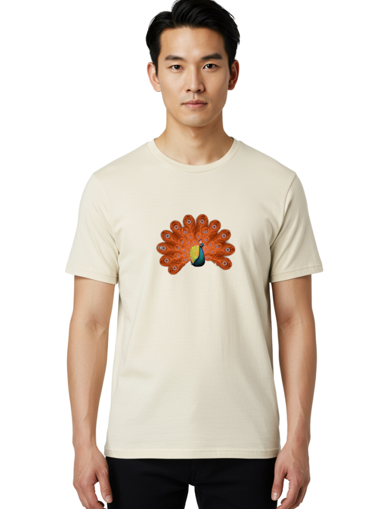 Peacock-20 Men'S Graphic Tee, 100% Cotton, Comfortable Casual Summer Wear, Machine Washable, Vibrant Peacock, Colorful Plumage, Orange Feathers, Blue And Yellow Body, Majestic Bird, Eye-Catching Display, Natural Beauty, Wildlife, Exotic Bird Bab082 6
