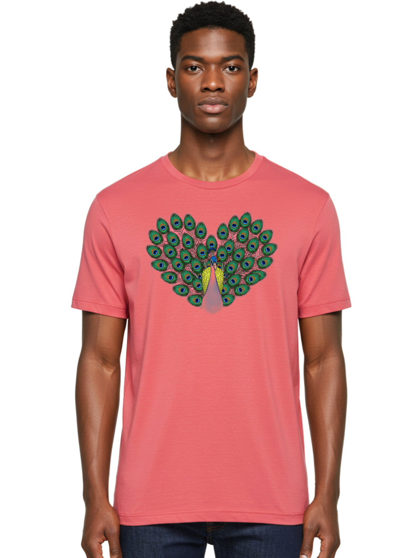 Peacock-22 Men'S Graphic Tee, 100% Cotton, Comfortable Casual Summer Wear, Machine Washable, Peacock Spreading Tail, Colorful Plumage, Vibrant Feathers, Blue Eyespots, Green And Pink Hues, Majestic Bird, Proud Display, Iridescent Colors, Bab084 4