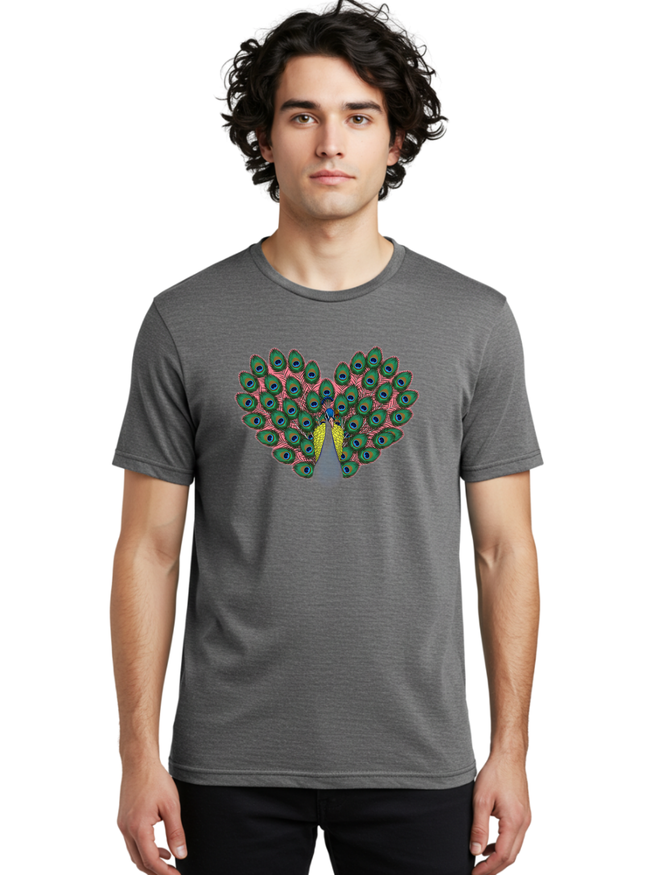 Peacock-22 Men'S Graphic Tee, 100% Cotton, Comfortable Casual Summer Wear, Machine Washable, Peacock Spreading Tail, Colorful Plumage, Vibrant Feathers, Blue Eyespots, Green And Pink Hues, Majestic Bird, Proud Display, Iridescent Colors, Bab084 10