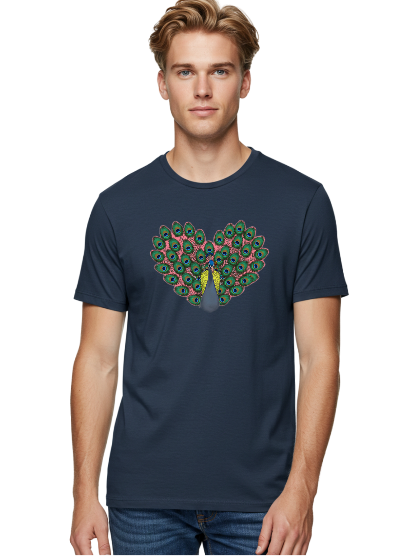 Peacock-22 Men'S Graphic Tee, 100% Cotton, Comfortable Casual Summer Wear, Machine Washable, Peacock Spreading Tail, Colorful Plumage, Vibrant Feathers, Blue Eyespots, Green And Pink Hues, Majestic Bird, Proud Display, Iridescent Colors, Bab084 22