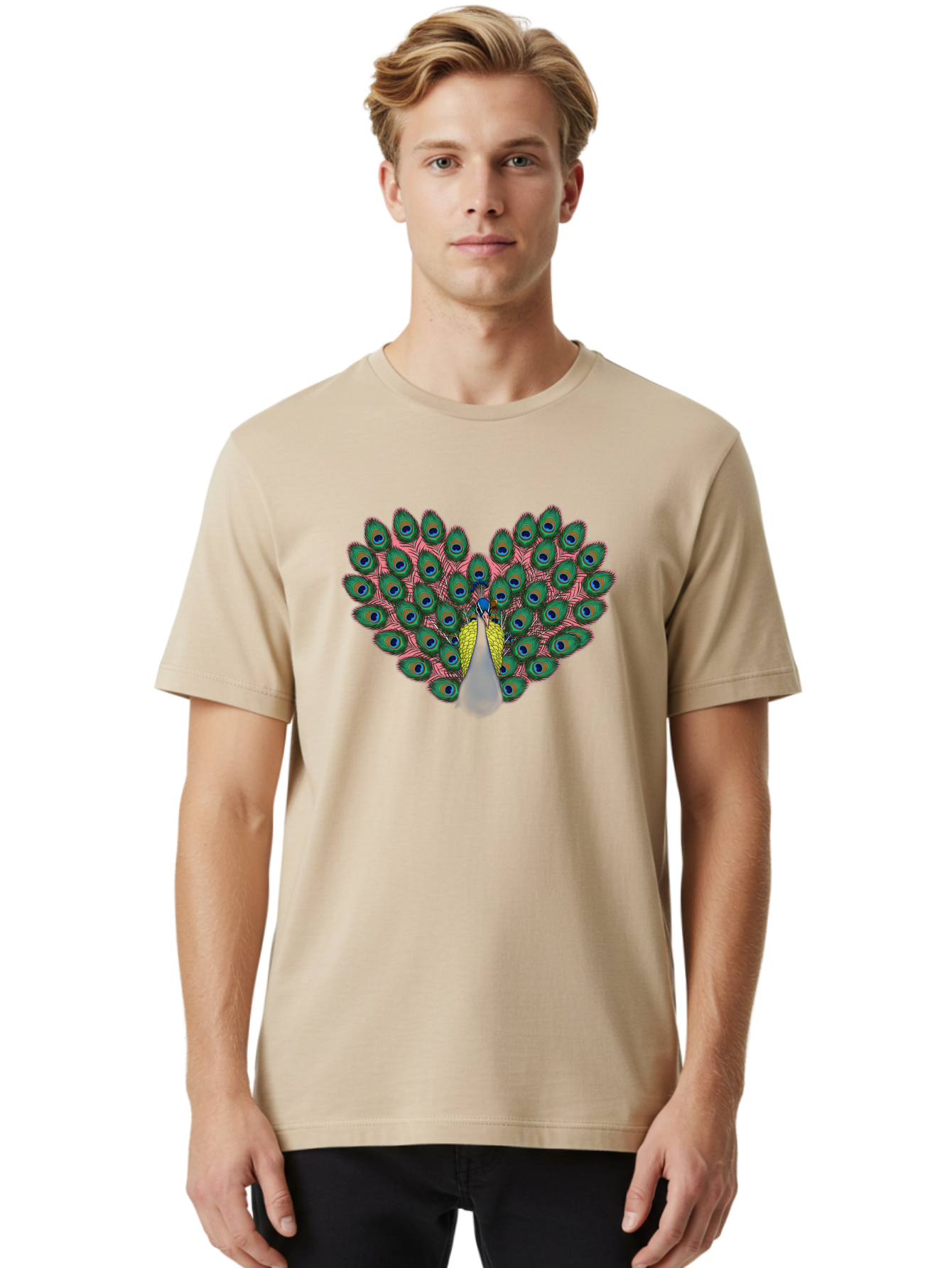 Peacock-22 Men'S Graphic Tee, 100% Cotton, Comfortable Casual Summer Wear, Machine Washable, Peacock Spreading Tail, Colorful Plumage, Vibrant Feathers, Blue Eyespots, Green And Pink Hues, Majestic Bird, Proud Display, Iridescent Colors, Bab084 18